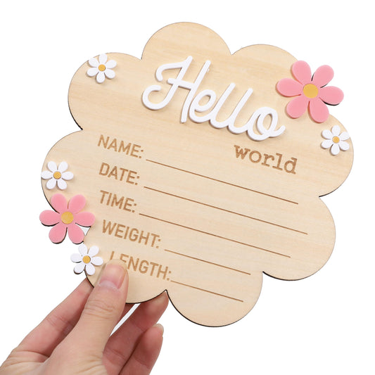 Hello World Newborn Sign - Wooden Baby Name Announcement Board, Daisy Design, Gender Neutral Nursery & Hospital Photo Props Keepsake Gift