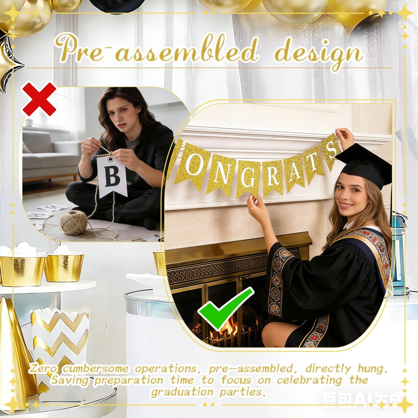 Pre-Strung Congrats Grad Banner - Glitter Graduation Party Decorations 2026, Large No DIY Class of 2026 Sign for High School College Masters Nursing Party Supplies, Sturdy Swallowtail Bunting (Golden )