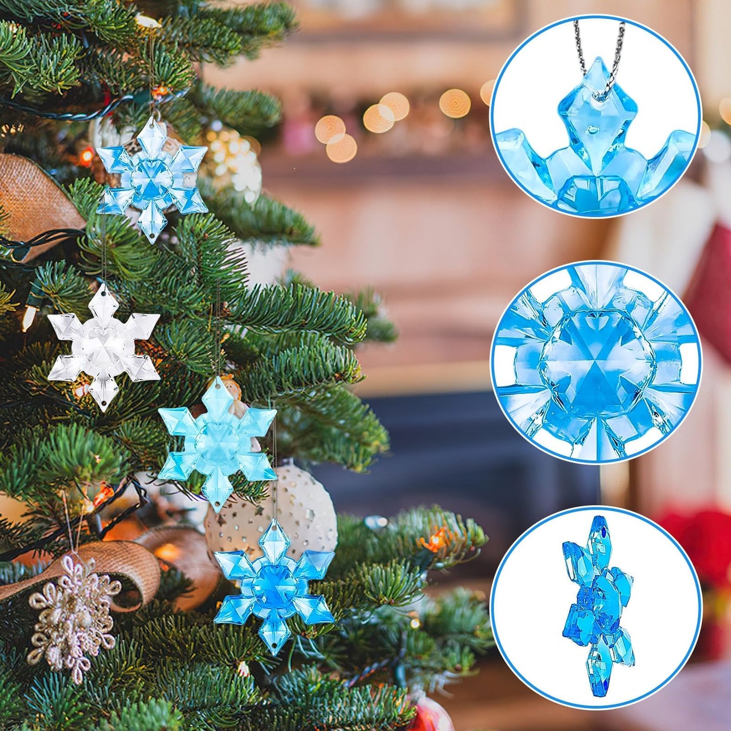 BOARDFEB 60Pcs Christmas Acrylic Snowflake Ornaments, Winter 3D Translucent Snowflake Hanging Ornaments for Tree Crystal Pendants with Rope for Holiday Party DIY Decor (Blue 43mm)