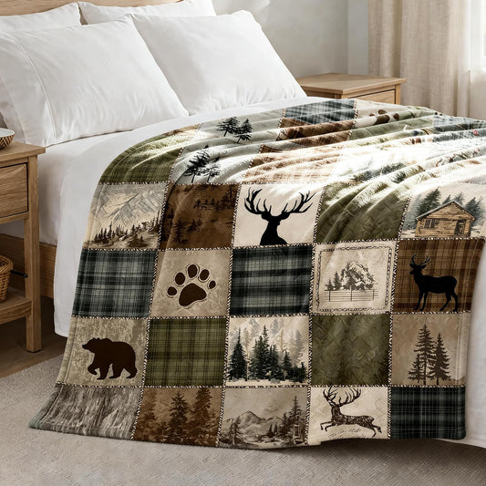 DEMCEAR Rustic Cabin Throw Blanket Wildlife Hunting Bear and Deer Brown Green Plaid Patchwork Lodge Blankets Soft Cozy Flannel Fleece for Living Room Bedroom Couch Sofa Bed Camping, 50x60 Inch