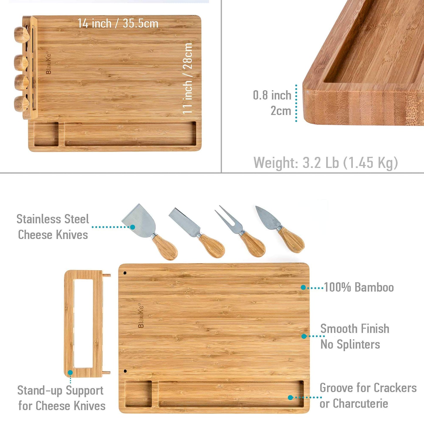 Bamboo Cheese Board and Knife Set 14x11 inch – Wood Cheese Cutting Board, Serving Tray Platter, Charcuterie Board Set with 4 Cheese Knives – BlauKe®