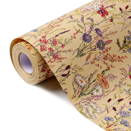 Tyzarglef Wild Flower Wrapping Paper Roll, 17 Inches x 32.8 Feet Kraft Floral Design Wrapping Paper for Women Girls Gifts, Birthdays, Weddings, Bridal Shower and Engagement