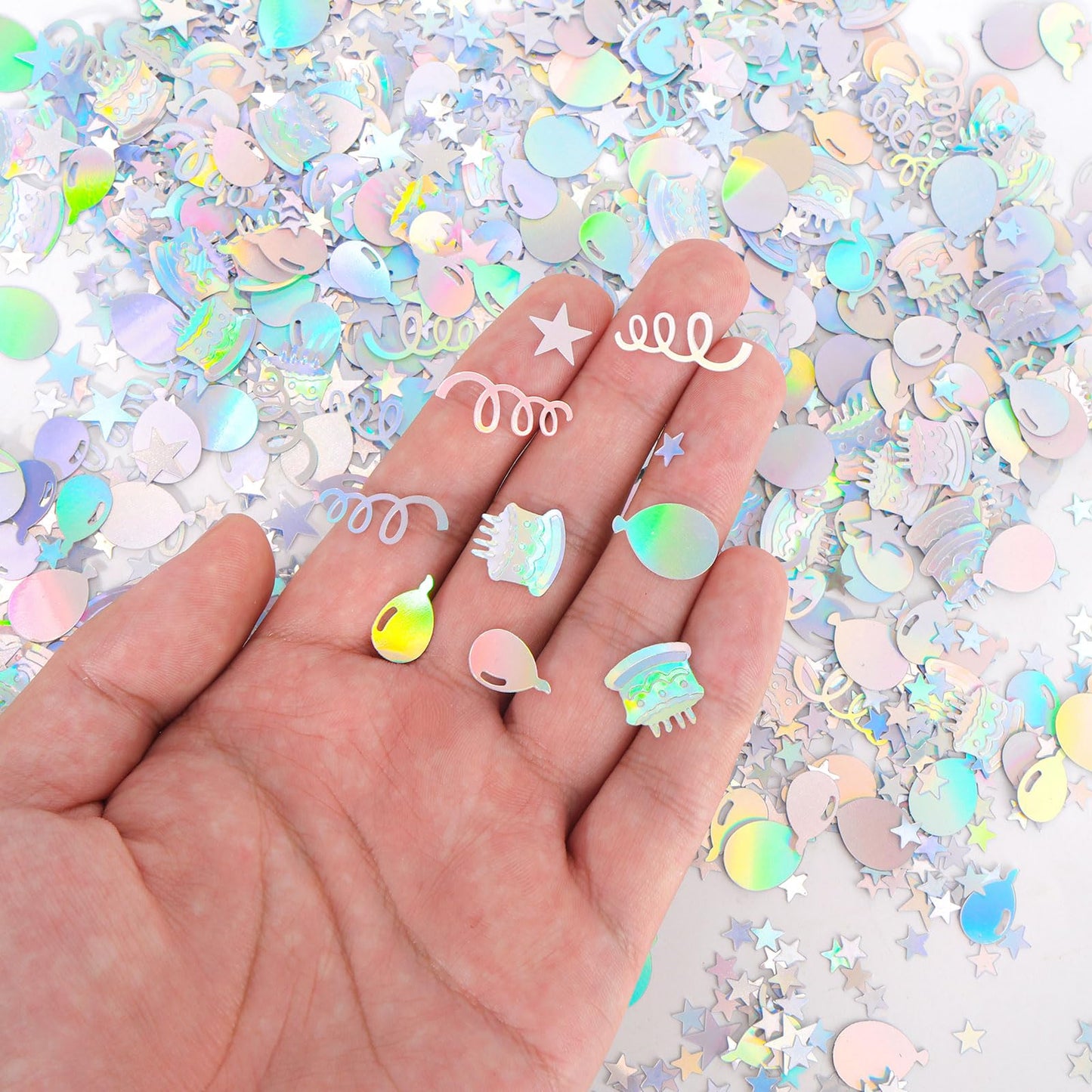 Gosknor 600pcs Birthday Confetti, Metallic Birthday Table Scatter Iridescent Party Confetti for DIY Crafts Cake Balloons Stars Ribbons Shapes Festive Table Decoration