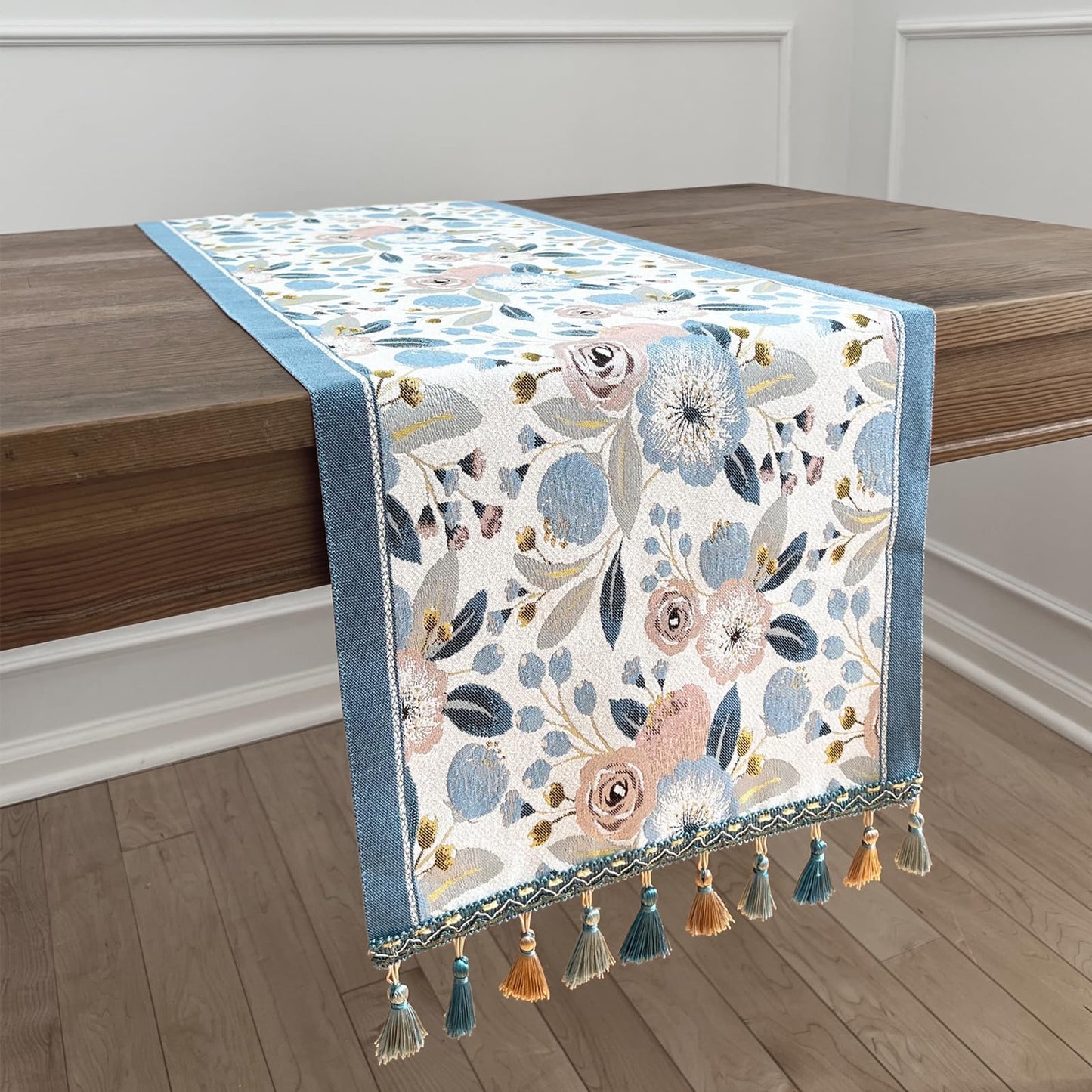 QGenuine Floral Table Runner with Tassel Edges, Cotton Blend Decorative Runner for Dining Table, Spring Table Decor