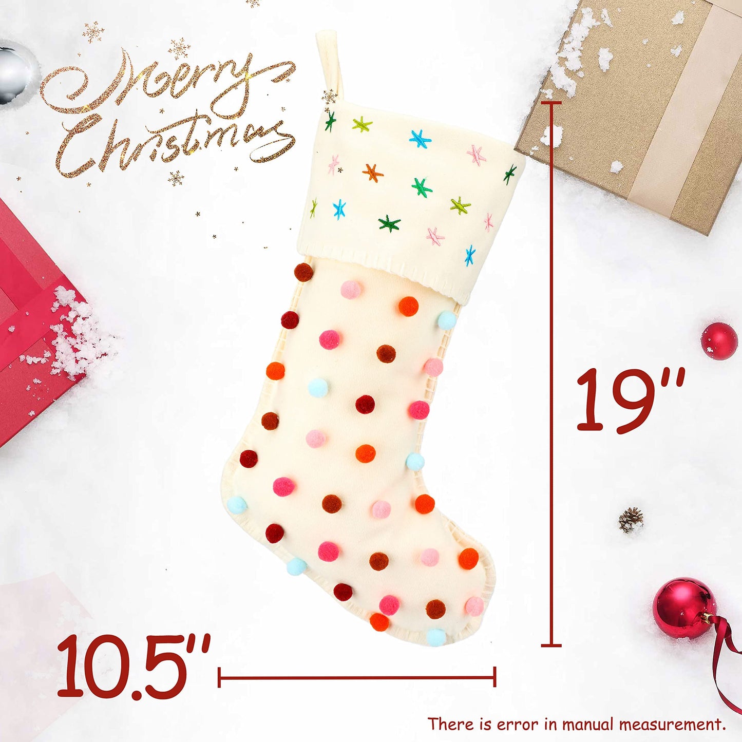 Hopearl Pom Pom Christmas Stocking Kit Boho Style Socks Ultra Soft Holder Ornament Luxury Gifts Bags for Family Xmas Tree Party Supplies, Cream, 18''