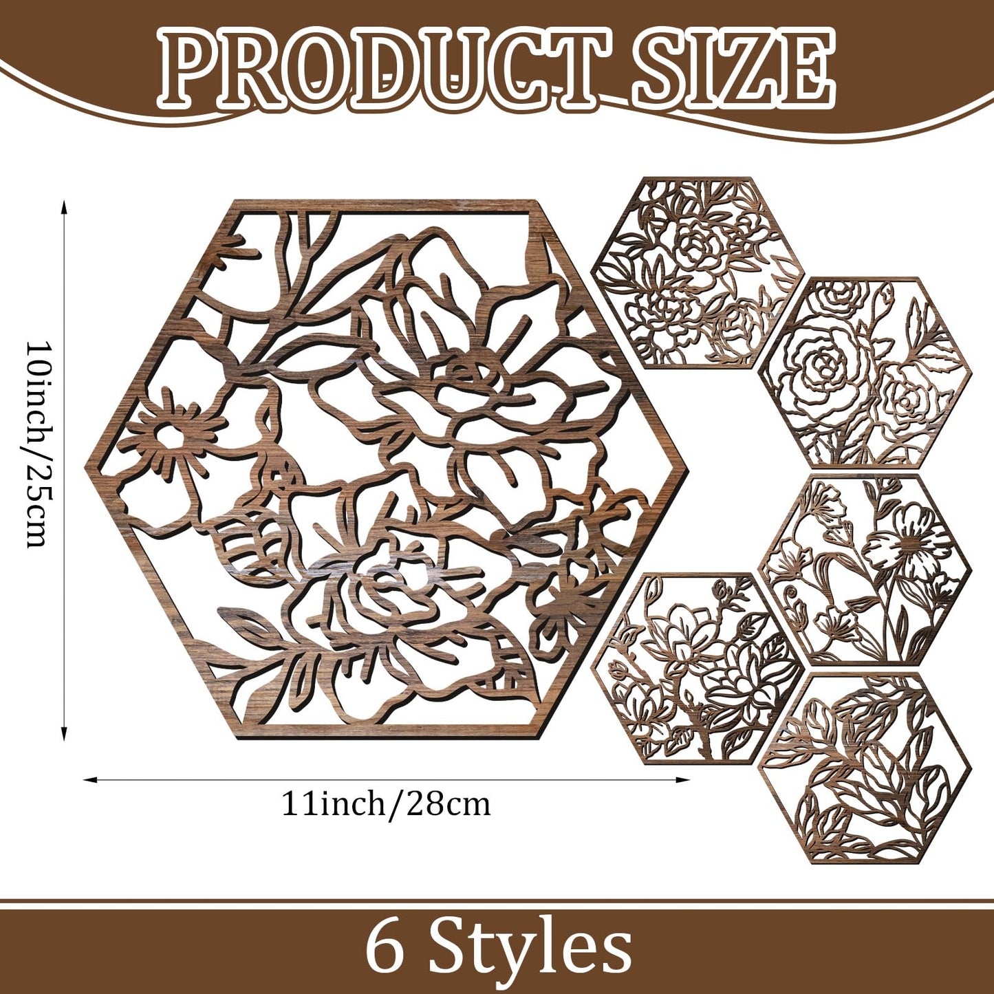 BreezeHug 6 Pcs Flowers Wooden Wall Art Decor Hexagon Hollowing out Boho Flower Sculpture Sign Ornament Modern Wooden Wall Art Decoration Hanging Set for Living Room Bedroom Farmhouse (11"x 10")