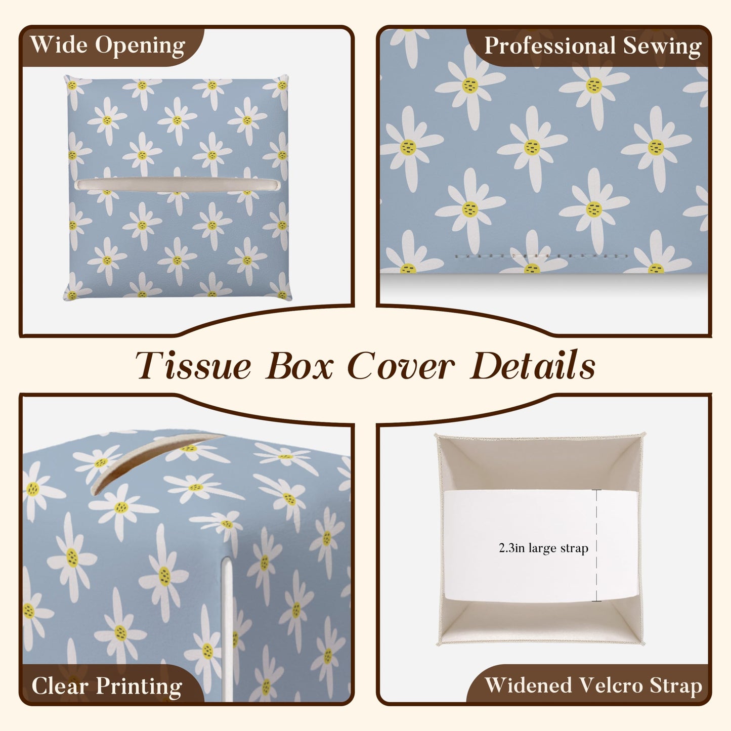 Flower Tissue Box Cover, Square Tissue Box Cover Leather Tissues Holder, Facial Paper Organizer Dispenser for Home Bathroom Office Bedroom Vanity Tabletop Decor -09