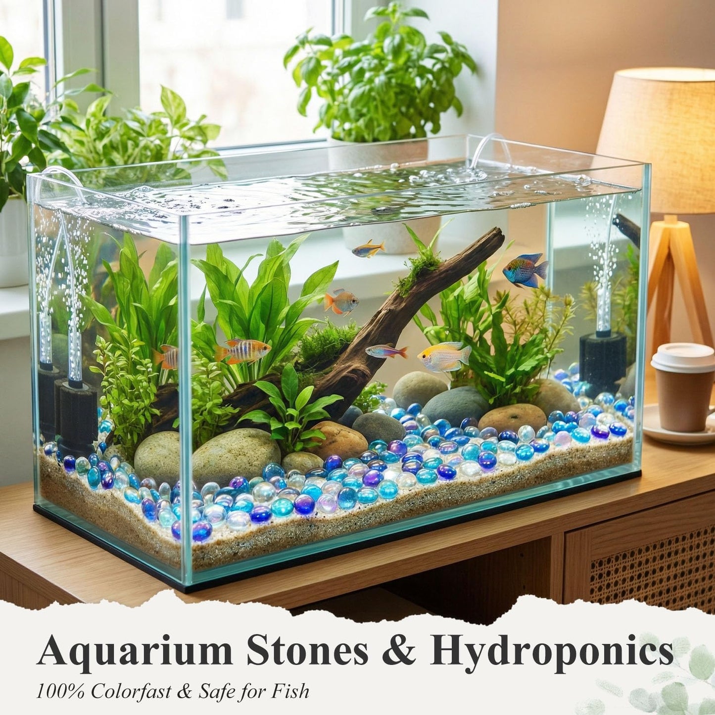 DomeStar 65PCS Iridescent Blue Flat Marbles, Decorative Glass Pebbles Beads Vase Fillers Decorative Fish Tank Aquarium Rocks for Centerpieces Table Decor