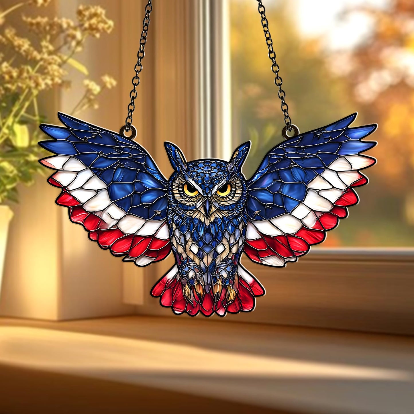 American Flag Owl Suncatcher Acrylic Suncatcher Window Hanging Ornament Patriotic Owl Decor for Home, Garden, Office 4th of July Gifts Bird Ornament for USA Lovers, Veterans, Nature Fans