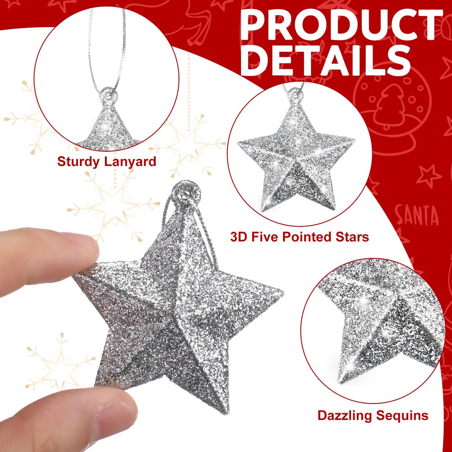 Shappy 48 Pcs Glitter Star Ornaments Christmas Tree Mini Hanging Stars Christmas Decorations Plastic Festive Embellishments for Holiday Party Weddings Home Decoration (Silver)