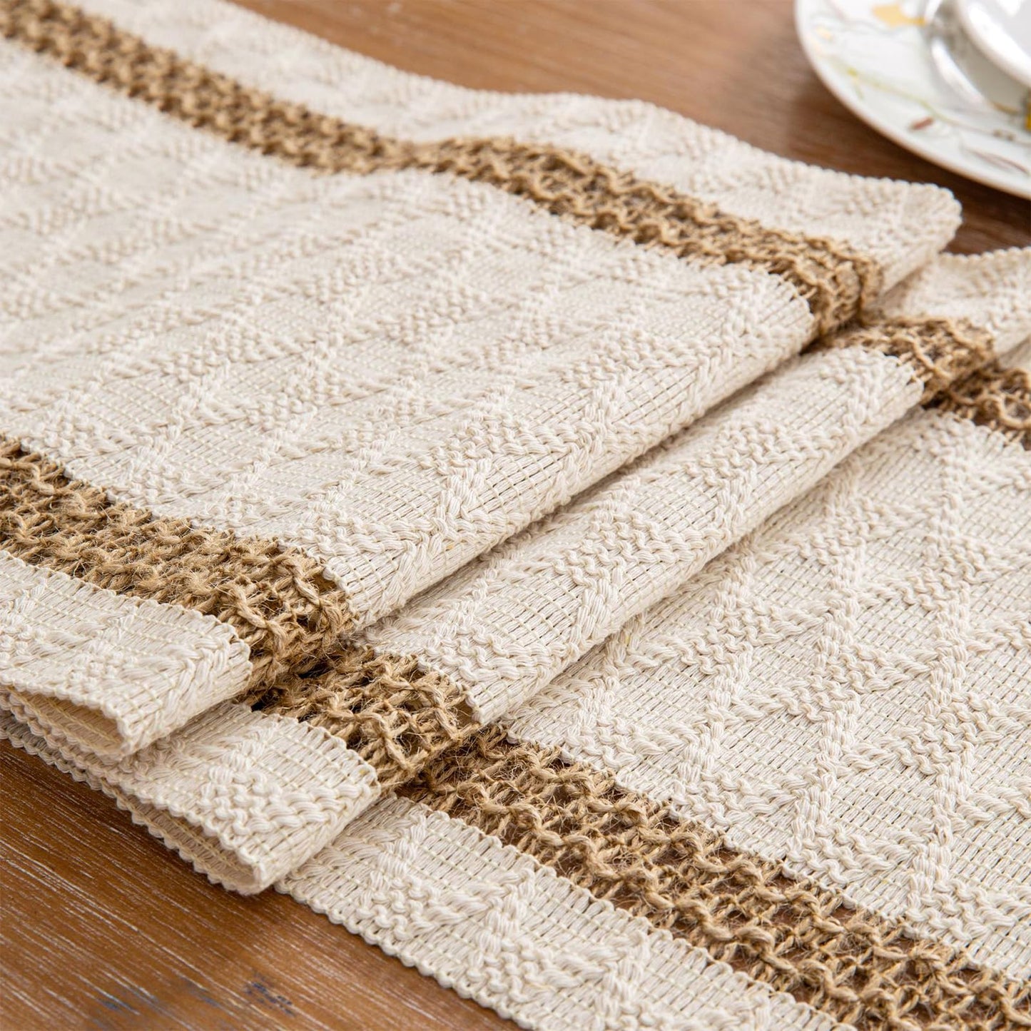 Niviy Boho Table Runner for Summer Home Decor 72 Inches Long Farmhouse Macrame Table Runner Cotton Linen Woven Table Runners for Fall Dining Table Decoration, Beige & Brown