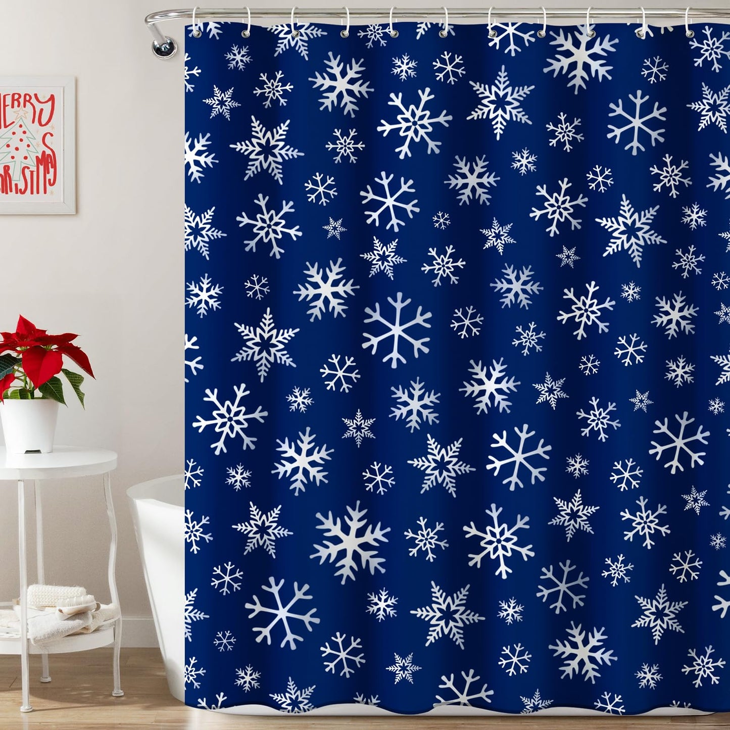 Christmas Shower Curtain: Blue White Snowflakes Christmas Bath Shower Curtain Set with Hooks, Serene Winter Snowflake Merry Xmas Fabric Bathroom Decorations for Home Farmhouse Window Indoor Decor
