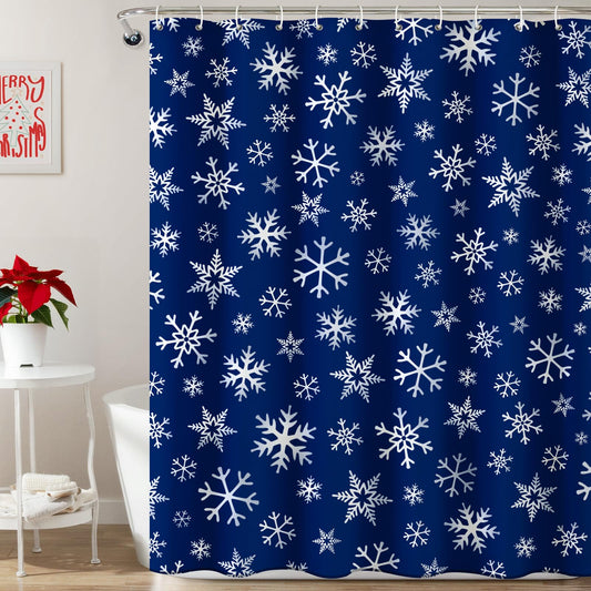 Christmas Shower Curtain: Blue White Snowflakes Christmas Bath Shower Curtain Set with Hooks, Serene Winter Snowflake Merry Xmas Fabric Bathroom Decorations for Home Farmhouse Window Indoor Decor