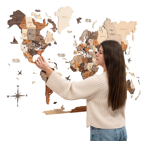 Enjoy The Wood 3D Wooden World Map Wall Art - Large Travel Map with Pins for Art Decor - Decorative Map of the World for Home, Office - Travel Wall Art Housewarming Gift Idea (Multicolor, M, Unframed)