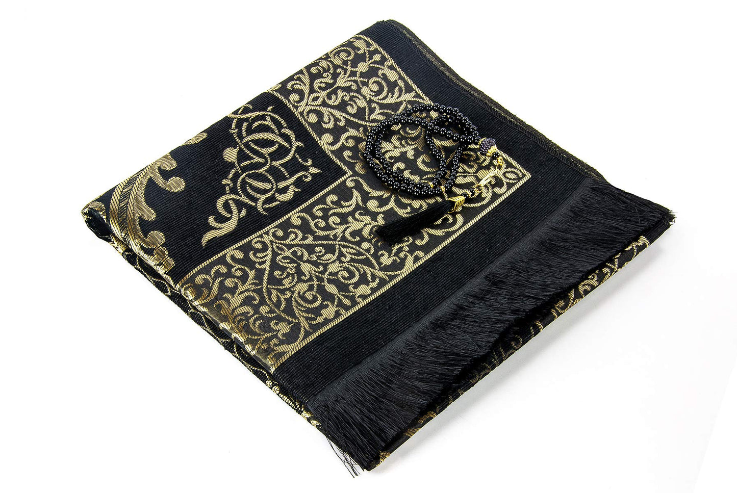 ihvan online Muslim Prayer Rug and Prayer Beads with Elegant Design Cylinder Gift Box, Janamaz, Soft Sajadah, Islamic Gifts Set, Portable Prayers Carpet Mat, Taffeta Fabric, Black