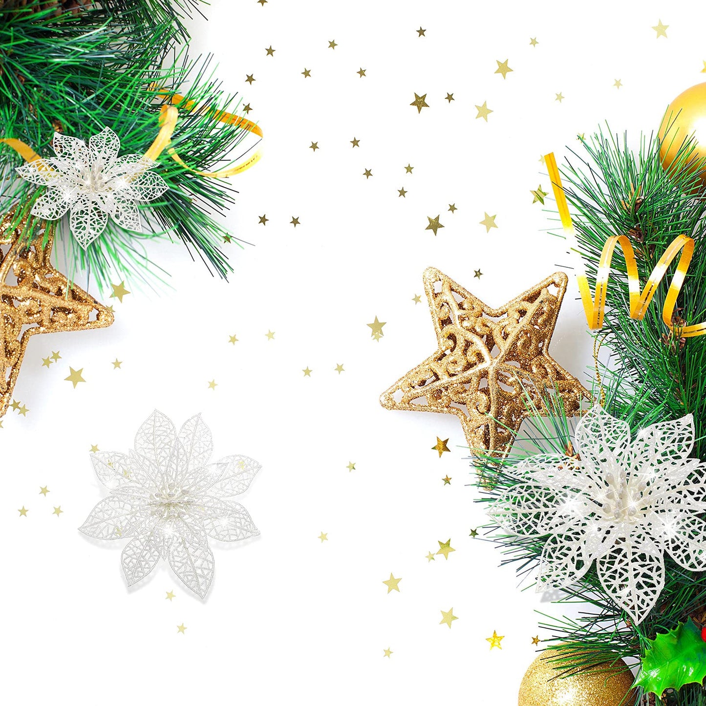 Boao White 24 Pieces Poinsettia Flower Christmas Glitter Artificial Poinsettia with Clips Christmas Tree Ornament Decorations for DIY Xmas Wreath Holiday Home Party Decor, 3/4/6 Inches