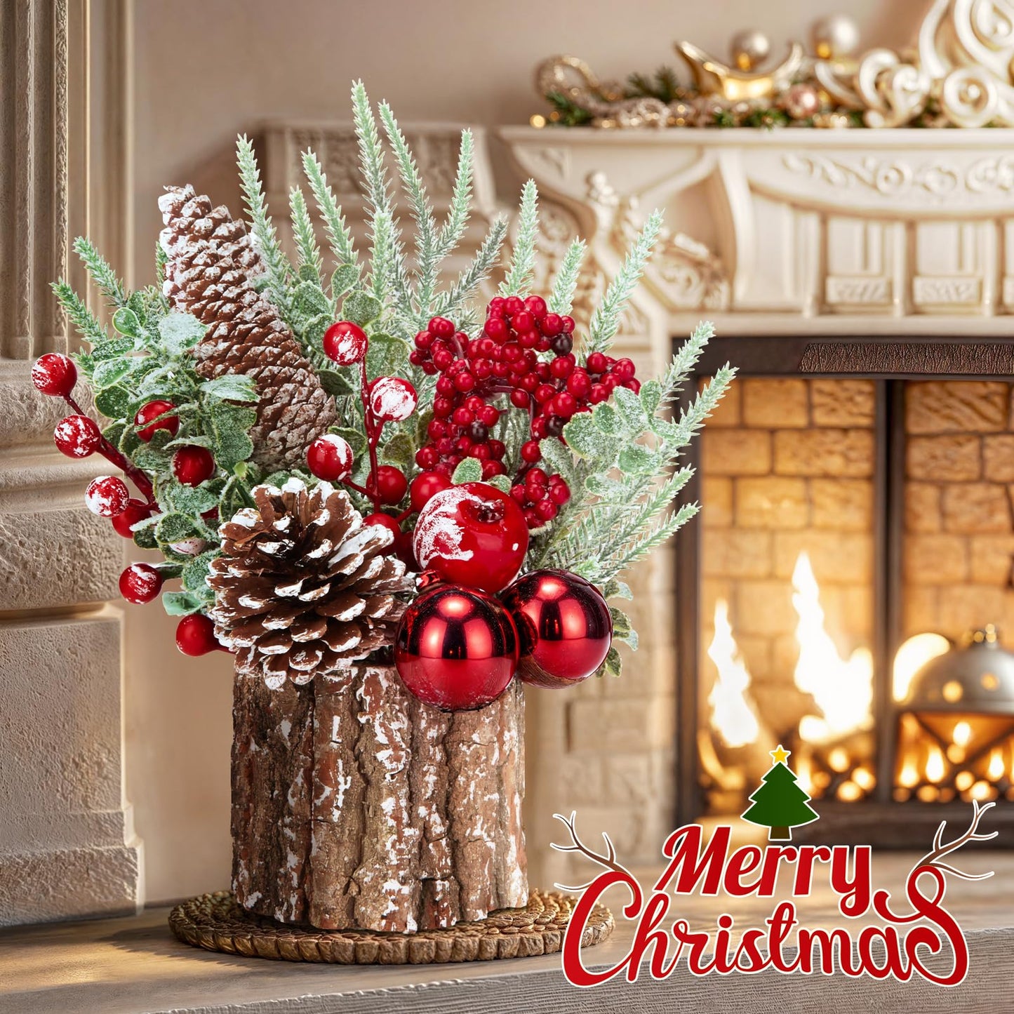 Christmas Decorations Indoor, Christmas Centerpiece Table Decorations, Small Artificial Tabletop/Desk Christmas Tree with Xmas Ornaments Pinecone Berry for Home Farmhouse Mantle Décor (Red)