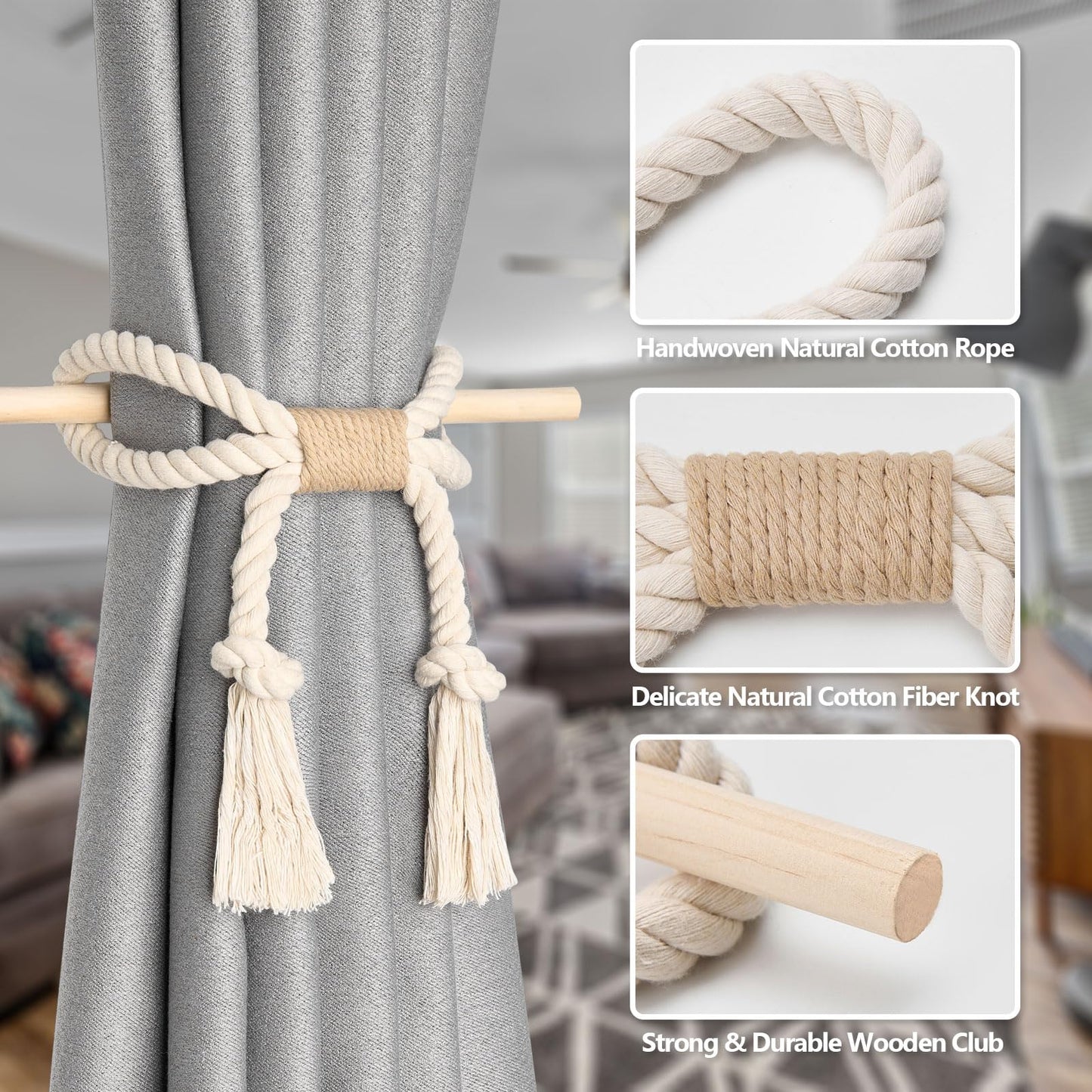 NICEEC 2 Pack Natural Cotton Rope Curtain Tiebacks Boho Rustic Style Decorative Drape Tie Backs Farmhouse Hand-Woven Rope Curtain Holdbacks with Wood Club for Home & Office Drapery (Cotton knot-Beige)