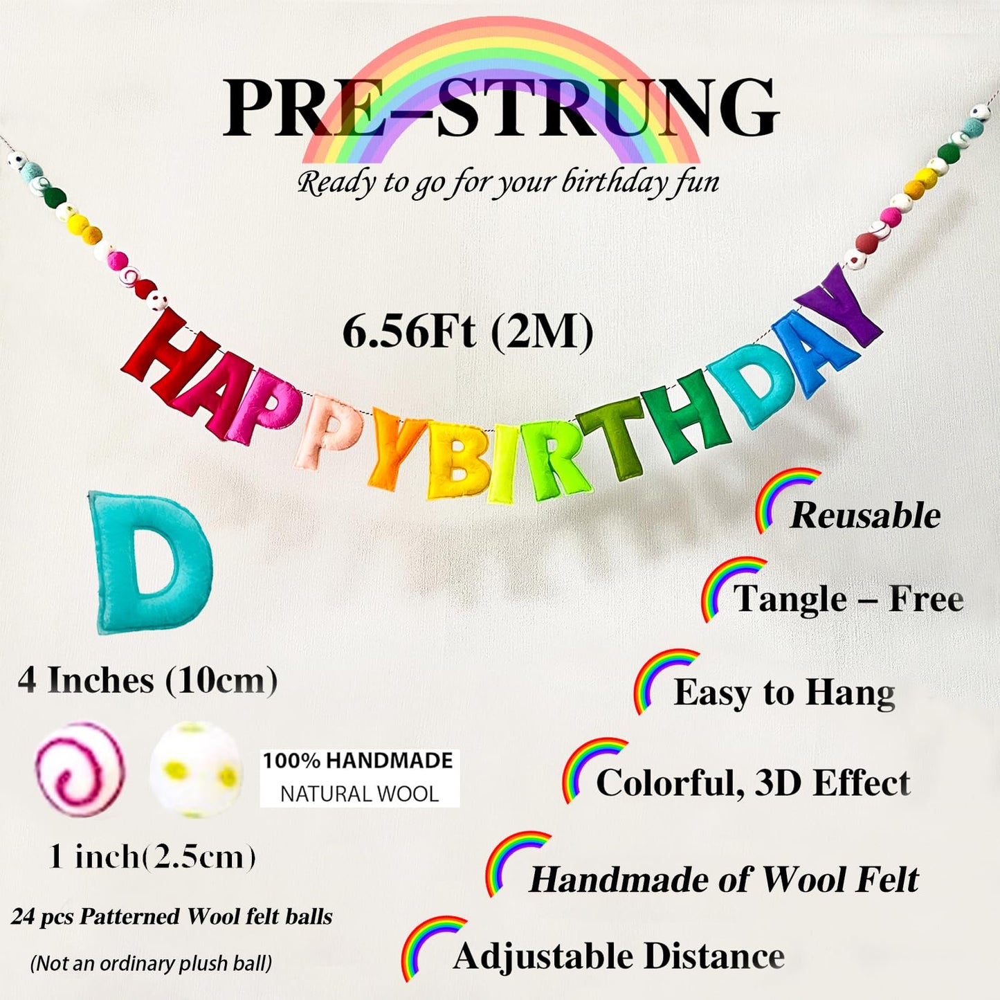 Pre-Strung Happy Birthday Banner - Felt Ball Garland - Reusable HAPPY BIRTHDAY Garland, Rainbow Party Decorations, Personalized Holiday Sign for Party Decor, Kids Room Decor, Photo Prop (Rainbow)