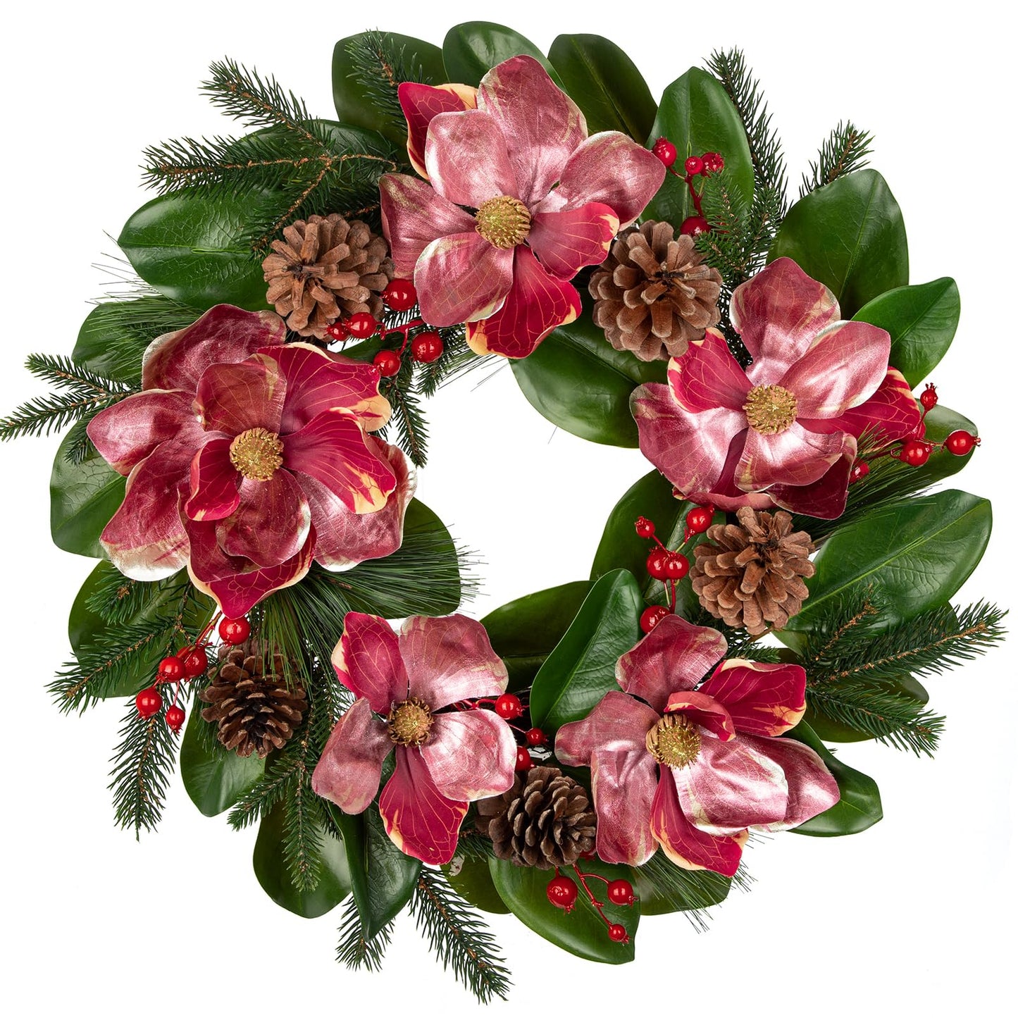 Briful 24in Christmas Magnolia Flower Wreath for Front Door Artificial Red Magnolia Floral Wreath with Pine Cones Berries Outdoor Christmas Wreath for Xmas Home Room Wall Window Mantle Decor