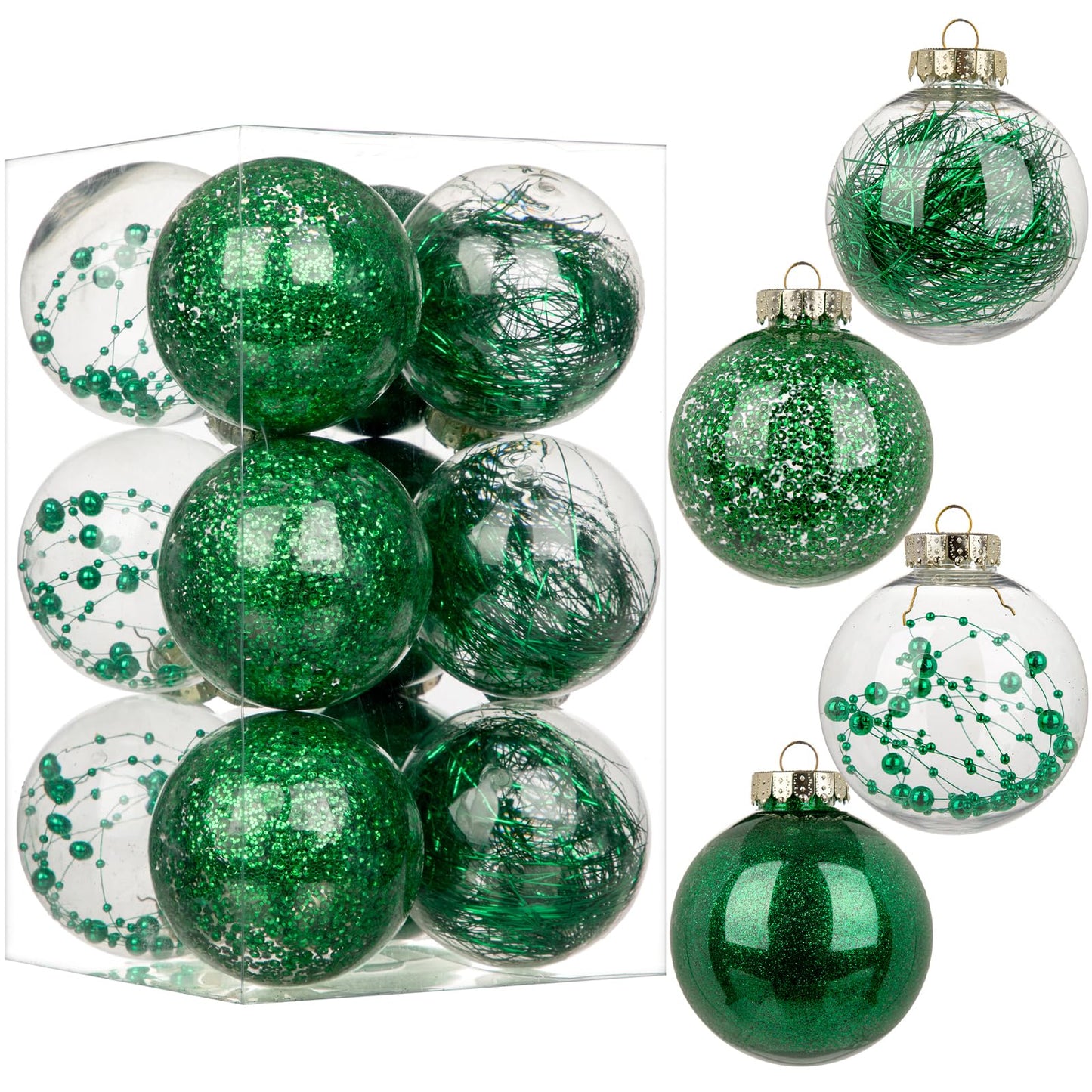 Briful 80mm/3.15" Shatterproof Clear Plastic Christmas Ball Ornaments Decorative Transparent Xmas Balls Baubles Set with Stuffed Delicate Decor Hanging Christmas Tree Ornaments(12 Counts, Green)