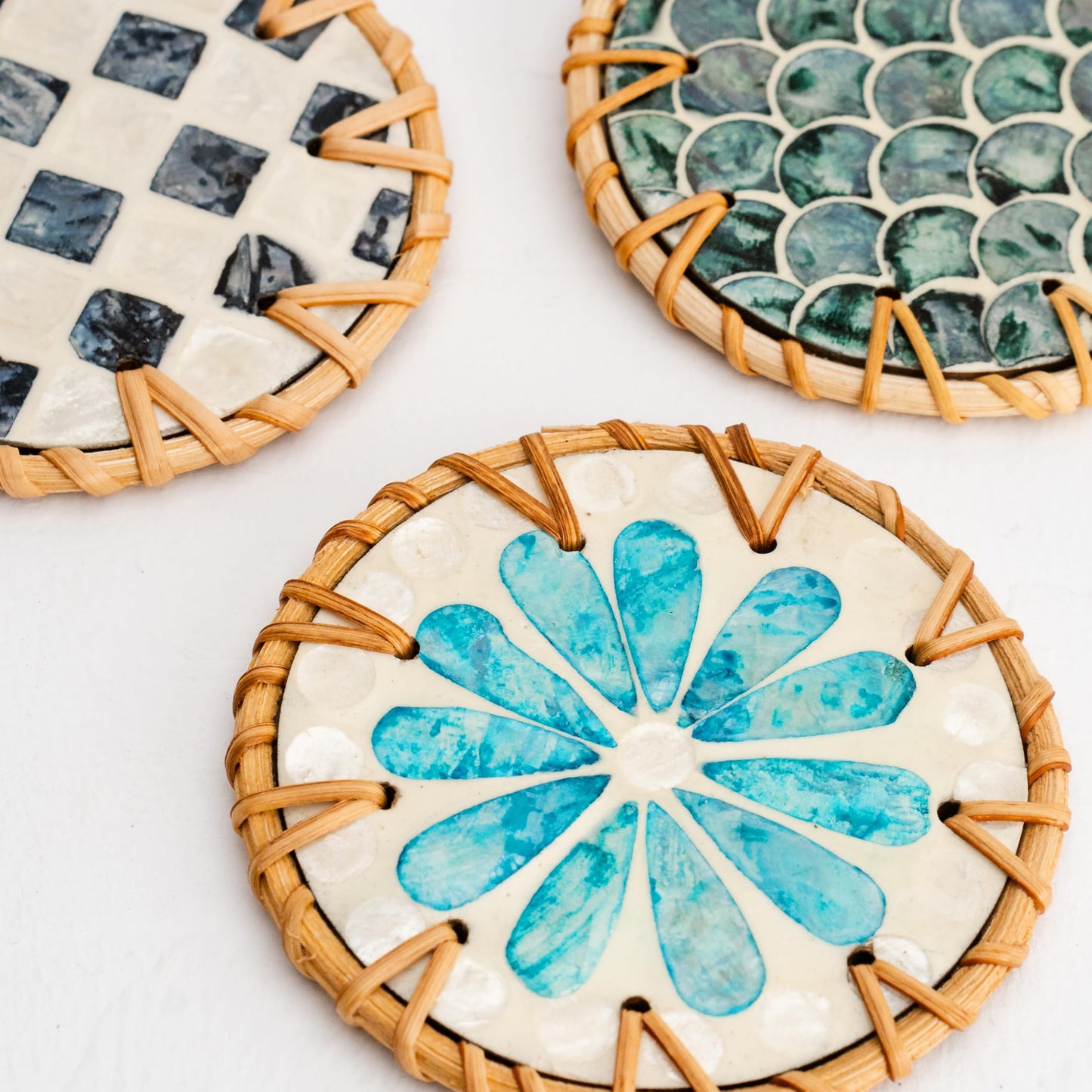 JUNGLE CULTURE Mother of Pearl Rattan Coasters for Drinks with Holder • Handmade Round Coaster Set of 6 • Sustainable Wicker Homeware • Coffee Table, Mugs, Glasses, Tiki Cups • Coastal Boho - Cascade