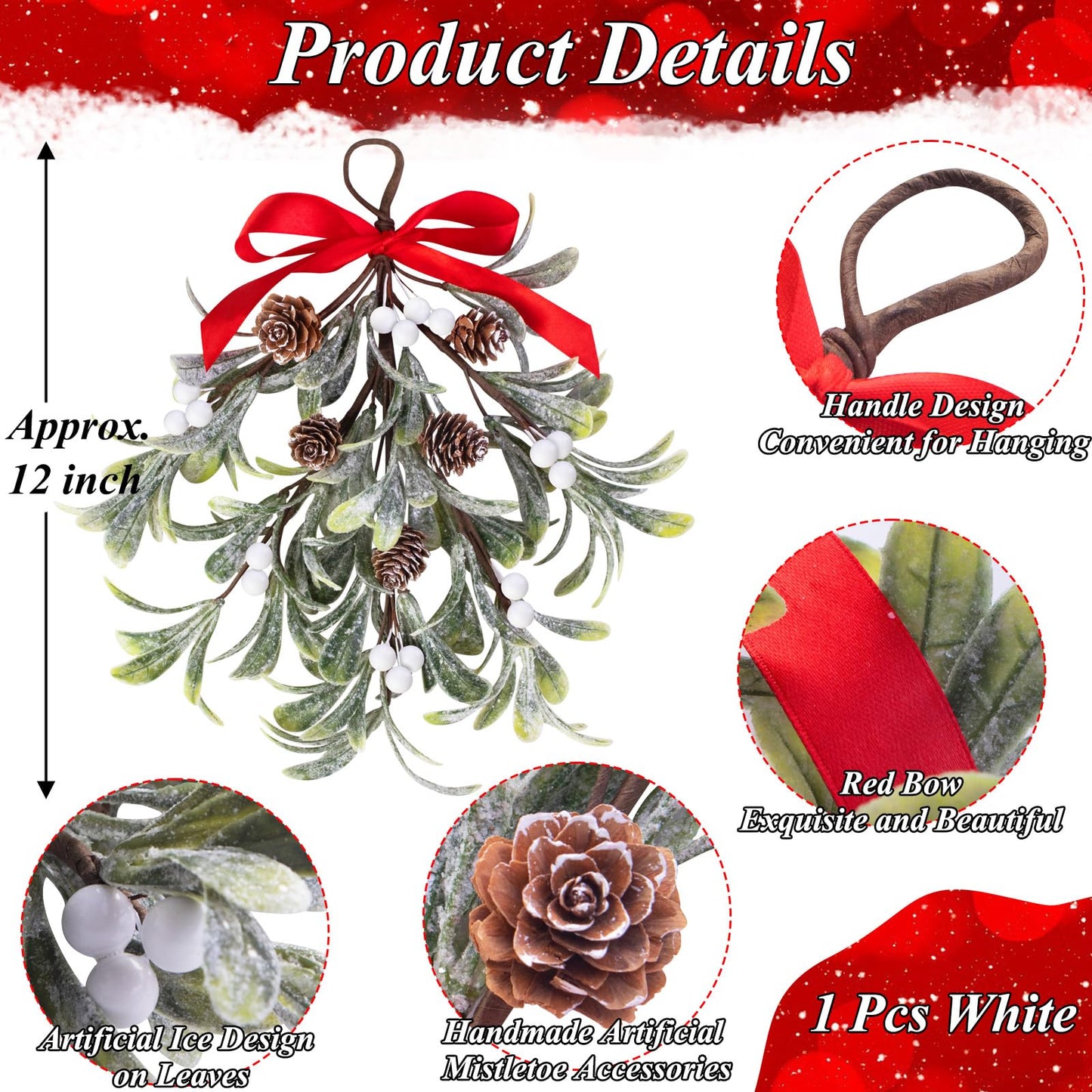 Mntrprko Artificial Christmas Mistletoe Decor 12 Inches Mistletoe Giant Kissing Hanging Bouquet for Xmas Floral Garland Decorations (1, White)