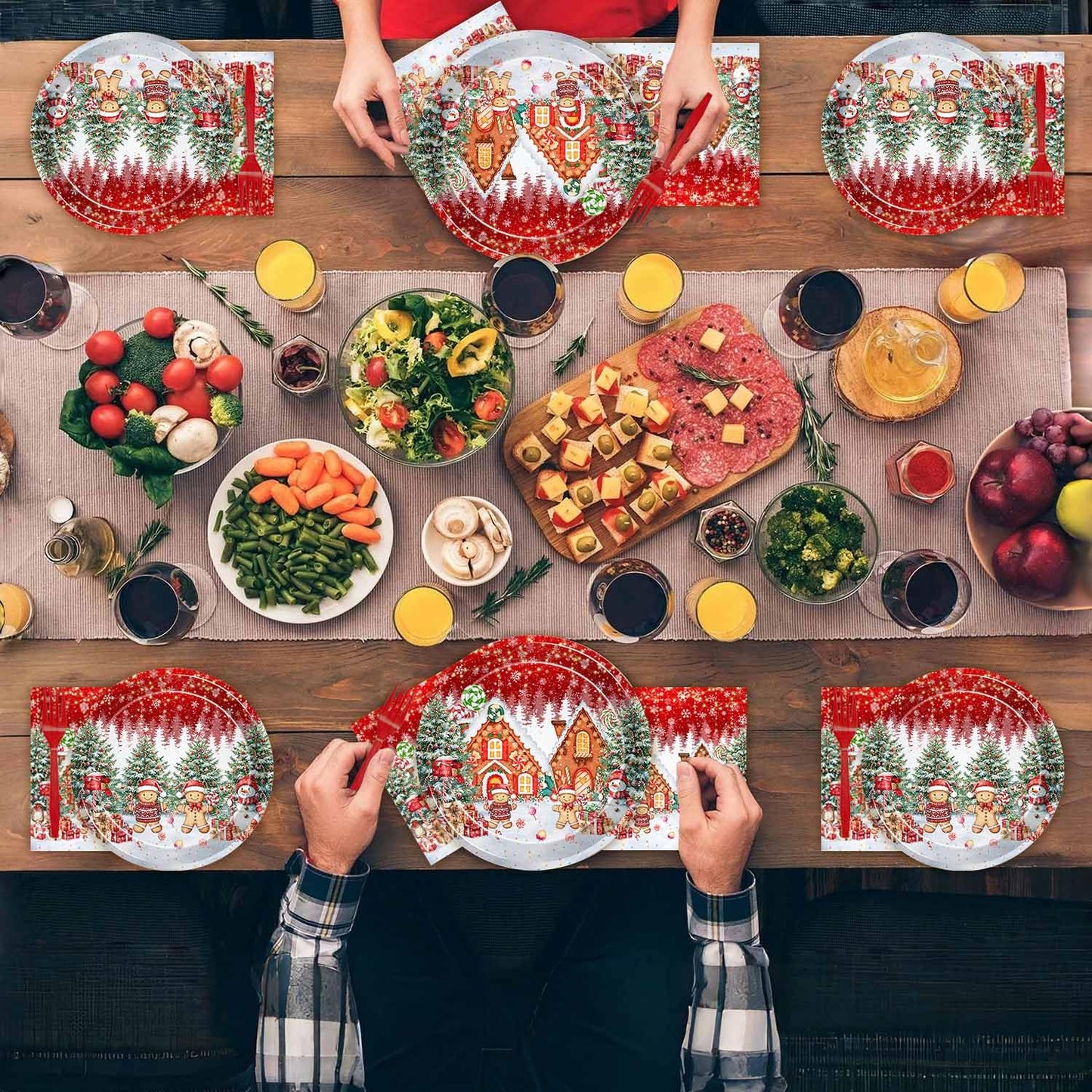 Joliaco 96 Pcs Red Gingerbread House Tableware Set Christmas Candy House Gingerbread Man Disposable Paper Plates and Napkins Xmas Candyland Party Supplies for 24 Guests
