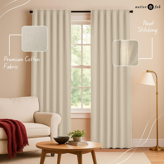 Native Fab Ivory 100% Cotton Curtain Panels 54" W x 84" L, Light Filtering Window Panels for Bedroom, Living Room, Farmhouse Decor