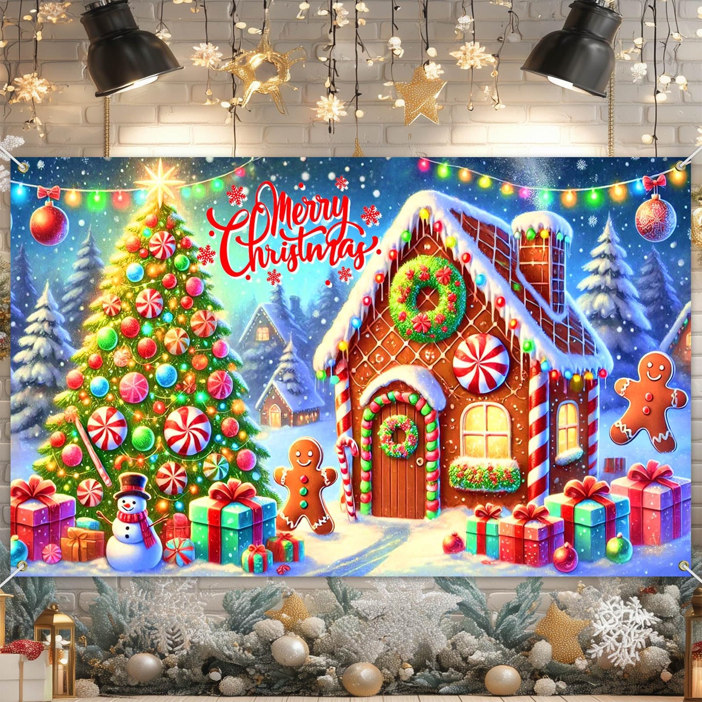BlissYard Gingerbread Christmas Backdrop 71x43 Inches Snowman Tree Scene Banner Holiday Photography Background Indoor Outdoor Merry Christmas Decoration for Wall Party Display