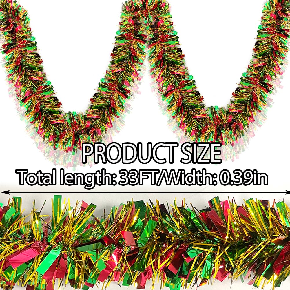 Christmas Tinsel Garland - 33 Ft Shiny Metallic Tree Winter Xmas Garland Glitter Tinsel Hanging Twist Hanging Decorations for Christmas Party Holiday Supplies （Gold Red Green）
