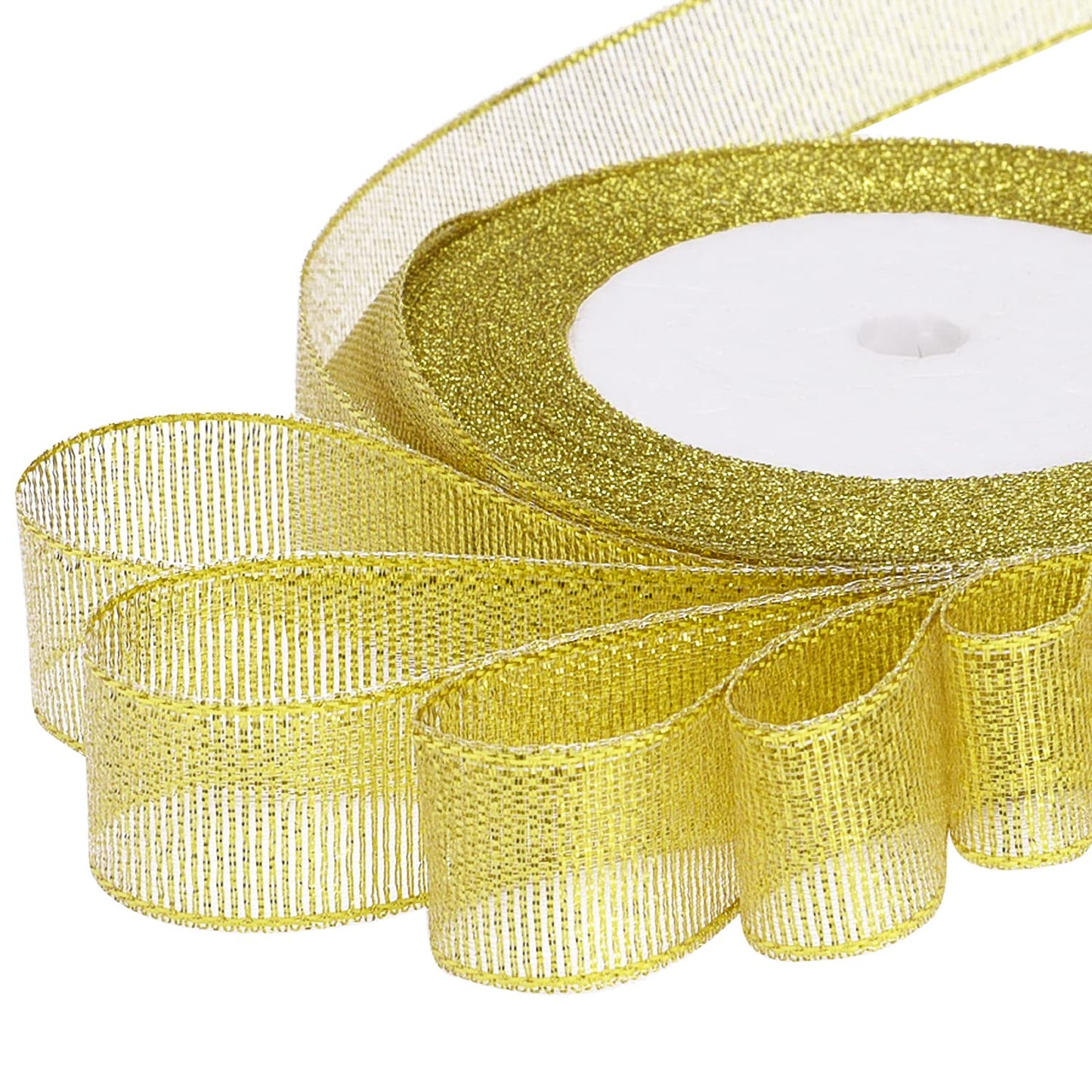 Livder 4 Rolls 4/5 Inch in Width Christmas Metallic Glitter Organza Ribbons Golden, Silvery, Red, Green Ribbon for Gift Wrapping, Christmas Tree Room Decoration