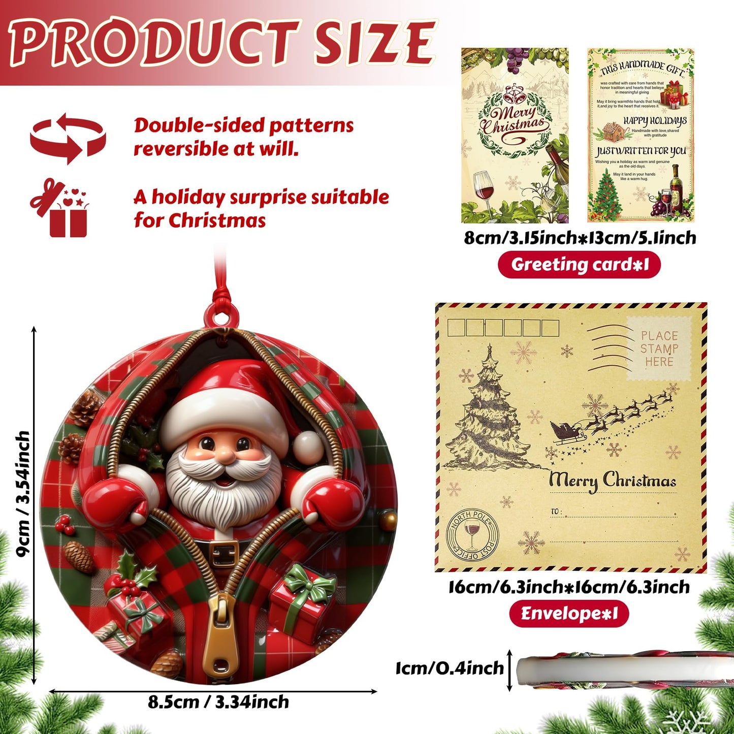 Funny Christmas Ornaments 2025, 3.4 in Zipper Santa Ornaments for Christmas Tree, Unique Relief Resin Personalized Christmas Ornaments, Santas Gift Exchange Ornaments (Santa)