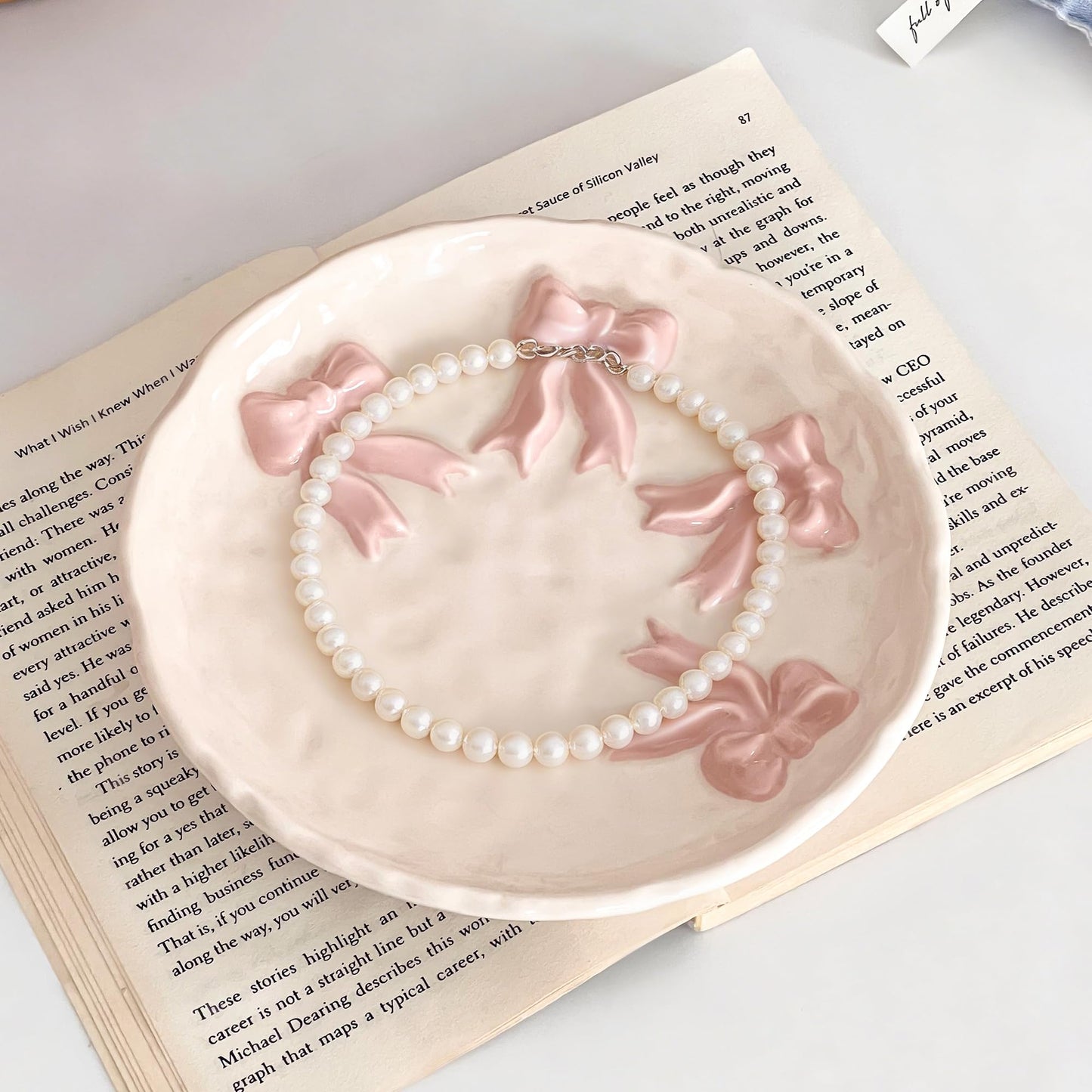 Ceramic Jewelry Tray Ring Dish Holder for Women, Trinket Plate Bowl with Pink Bow, Large Jewelry Organizer for Vanity Decor, Home Decoration for Her Mother's Day