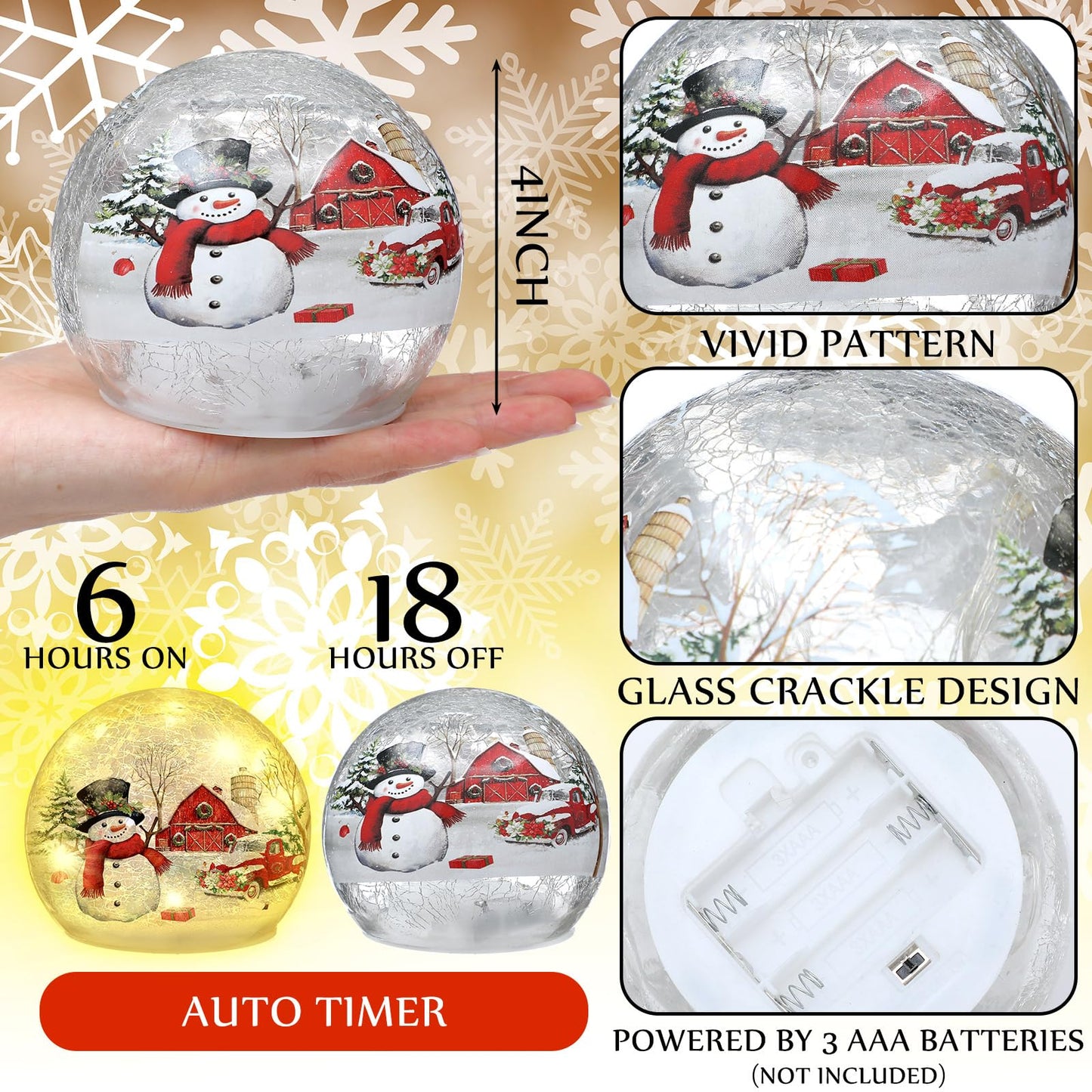 Tujoe 2 Pcs Christmas Decorations Indoor Snowman Crackle Glass Globe 4" Ball Lamp Night Lights with LED Timer Battery Operated Lighted Christmas Table Decorations for Home Centerpiece Party Gift