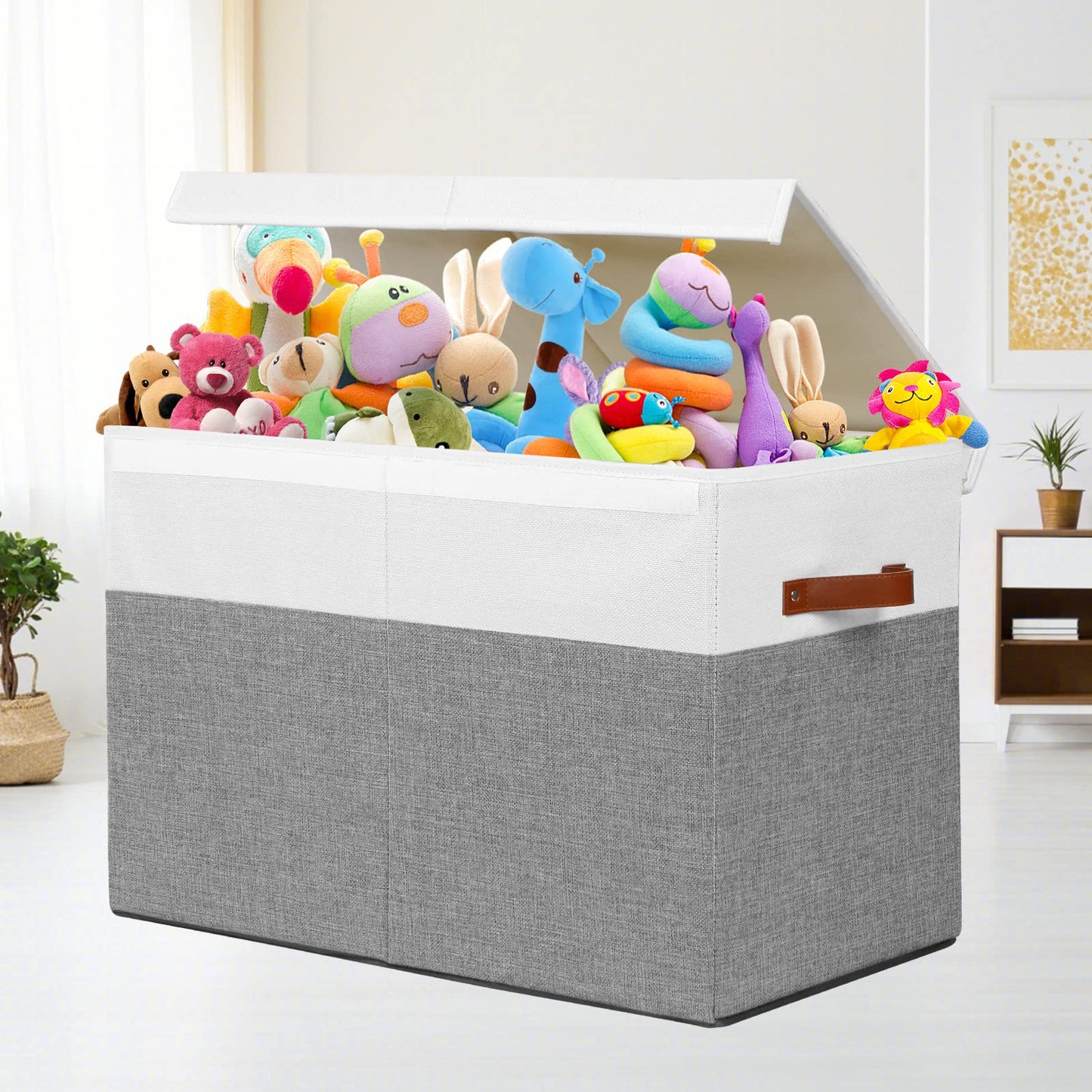 Gowee Large Toy Storage Box with Lid, Sturdy Toys Storage Chest Bin Organizer Basket with Dividers for Kids, Boys, Girls, Nursery, Closet, Bedroom, Playroom 25"x13" x16" (Grey and White)