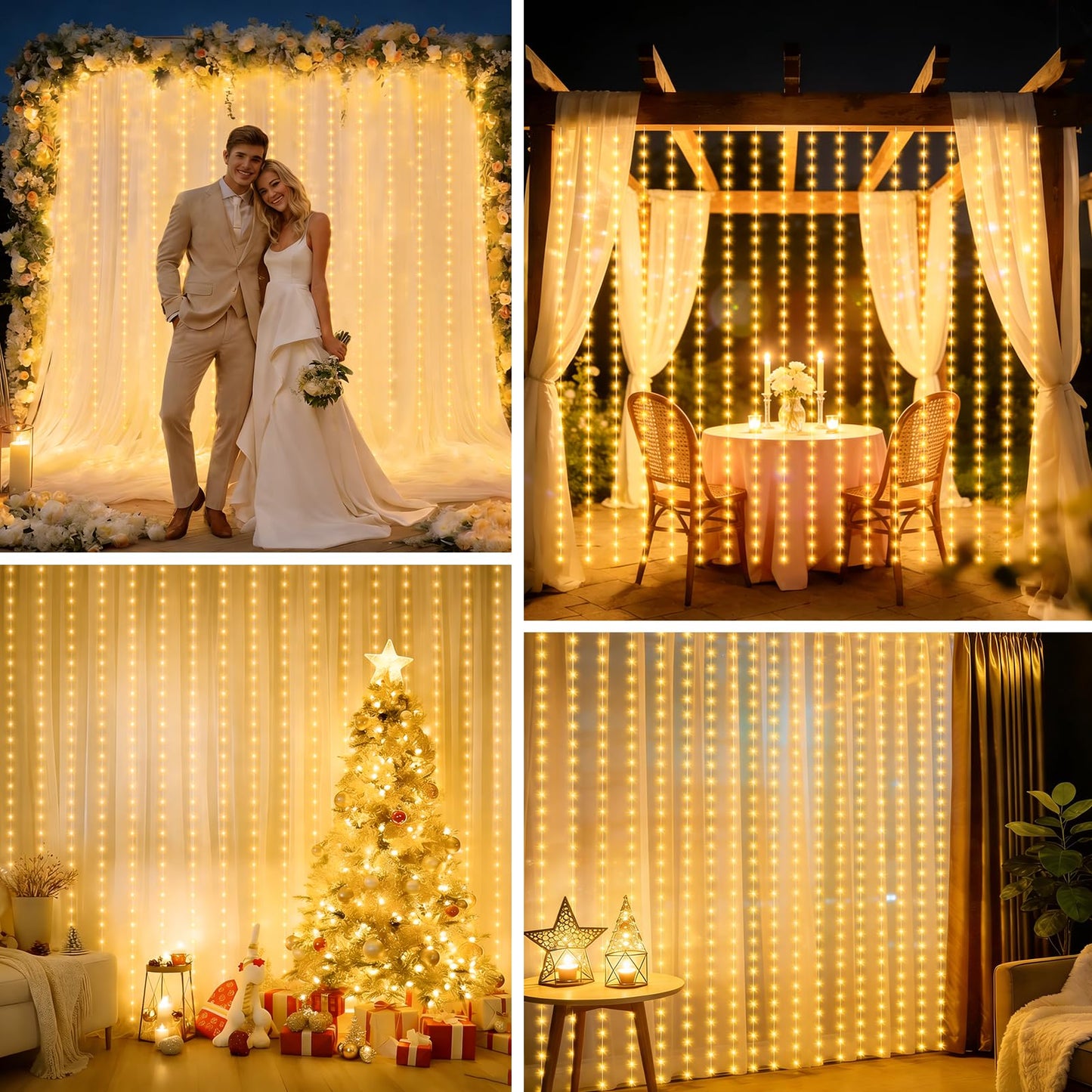 echosari Curtain Lights Battery Operated, 300 LED Fairy Lights 9.8 x 9.8Ft with Timer for Bedroom Wedding Backdrop Indoor Decor (Warm White)