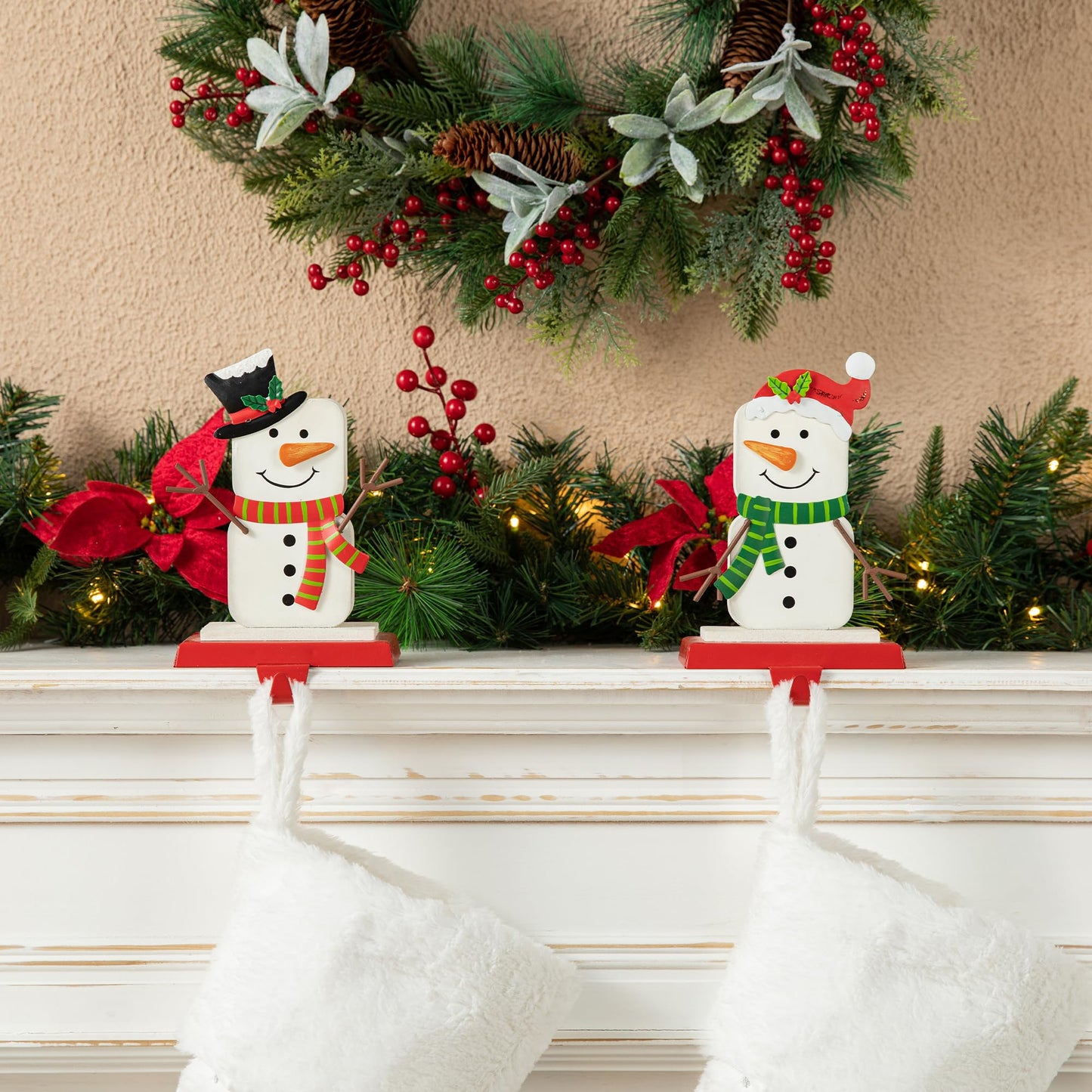 Glitzhome Christmas Stocking Holders for Mantel, Set of 2 Snowman S'Mores Marshmallow Metal Hooks, Heavy Duty Fireplace Hangers for Indoor Holiday Decor