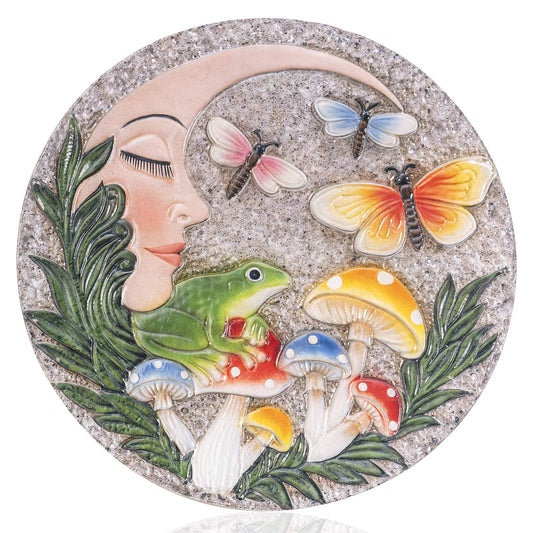 Bechivie Garden Stepping Stones Outdoor, 9.8" Resin Frog Stepping Stone with Moon Butterfly Mushroom, Spring Decorative Round Walkway Gardening Gifts Home Decor for Outside Yard Pathway Patio Lawn