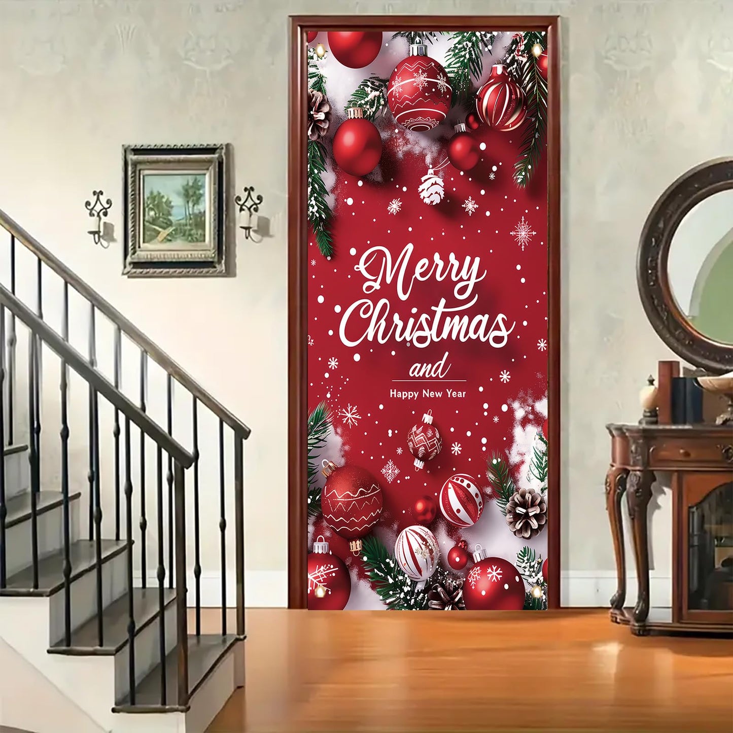 Saoplasa Merry Christmas Door Banner Happy New Year 35x71 Inch Red Christmas Front Door Cover with Snowflakes and Lettering for Xmas Winter Seasonal Holiday Party Porch Wall Hanging New Year Entryway Decoration