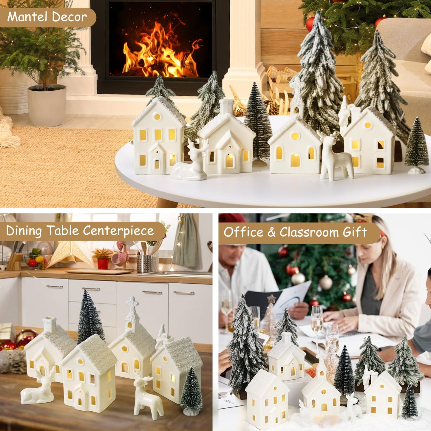 Christmas Decorations Indoor - 9 Piece Christmas Village Sets with 4 Remote Control Lighted Ceramic Houses, 2 Trees, 2 Deer & Santa - Neutral White Farmhouse Holiday Decor for Home Table Room(White)