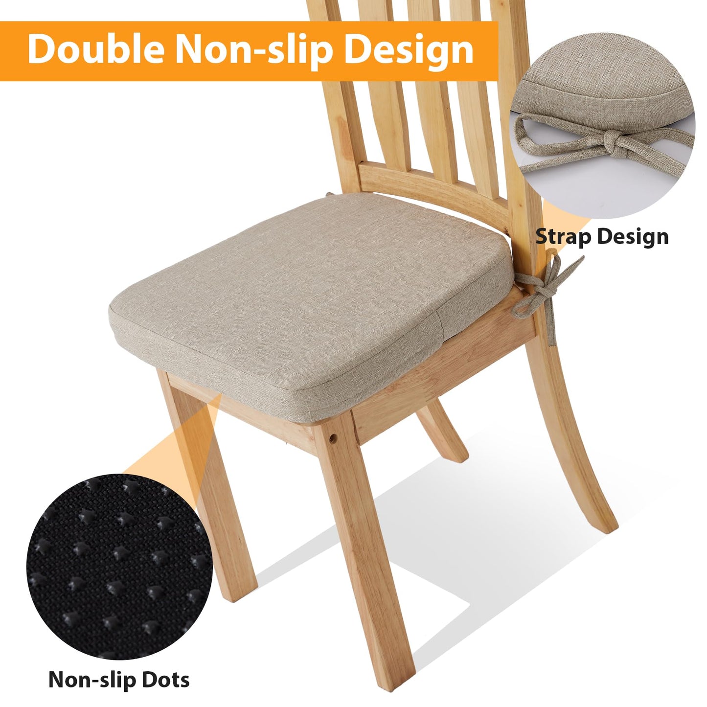 Ruqmuis Chair Cushions for Dining Chairs, 2" Thick Seat Cushions for Kitchen Chairs, D-Shaped Chair Pads with Washable Cover, Ties and Non Slip Backing, 17'' x 16'', Set of 4, Beige