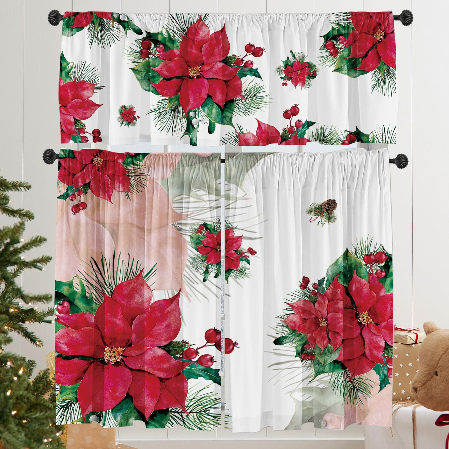 Deztibos Christmas Poinsettia Curtain Valances Set - Upper & Lower Curtains, 52'' L x 18'' W & 36'' L x 26'' W, Kitchen Windows Decor, 3 Piece Set, Red