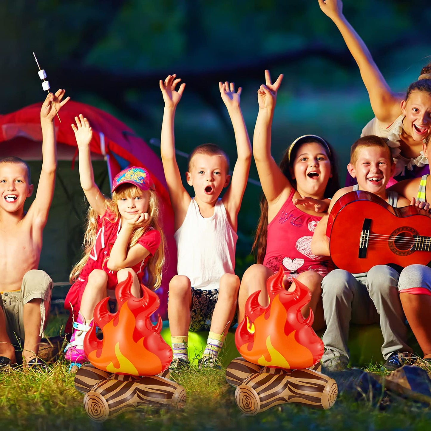 Sumind 2 Pieces Inflatable Fake Campfire Camping Props Bonfire Party Decor Campfire Party Decorations Artificial Flame for Indoor Camping Overnight and Scene Setting
