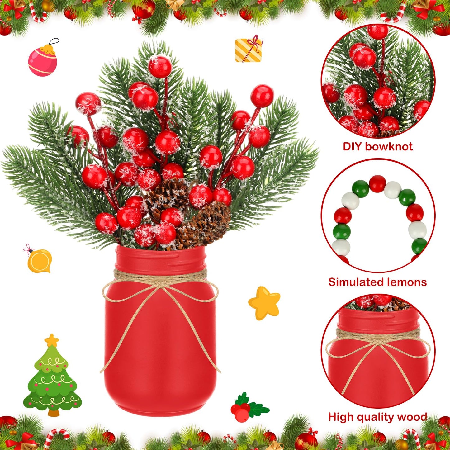 Jexine 12 Pcs Christmas Mason Jar Centerpieces Table Decor with Artificial Snow Pine Cone Red Berry Xmas Wooden Sign for Holiday Farmhouse Home Dining Table Kitchen Tiered Tray Decor