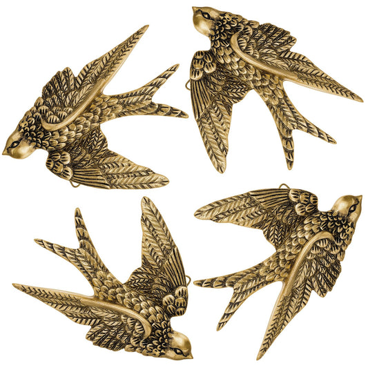 4 Pcs Vintage Bird Wall Sculpture Decor Art 4.7 Inch Antique 3D Sculpted Hanging Bird Resin Wall Art Golden Brass Floating Ornament for Living Room Garden Outdoor, Gifts for Couples Housewarming
