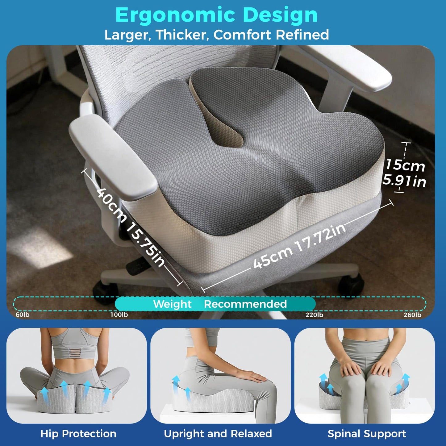 Seat Cushion for Office Chair with Adjustable Loft, Thick Memory Foam Chair Cushion for Back & Sciatica Tailbone Coccyx Pain Relief on Home Chair, Ergonomic Wheelchair Desk Pillow Hip Shaping Support