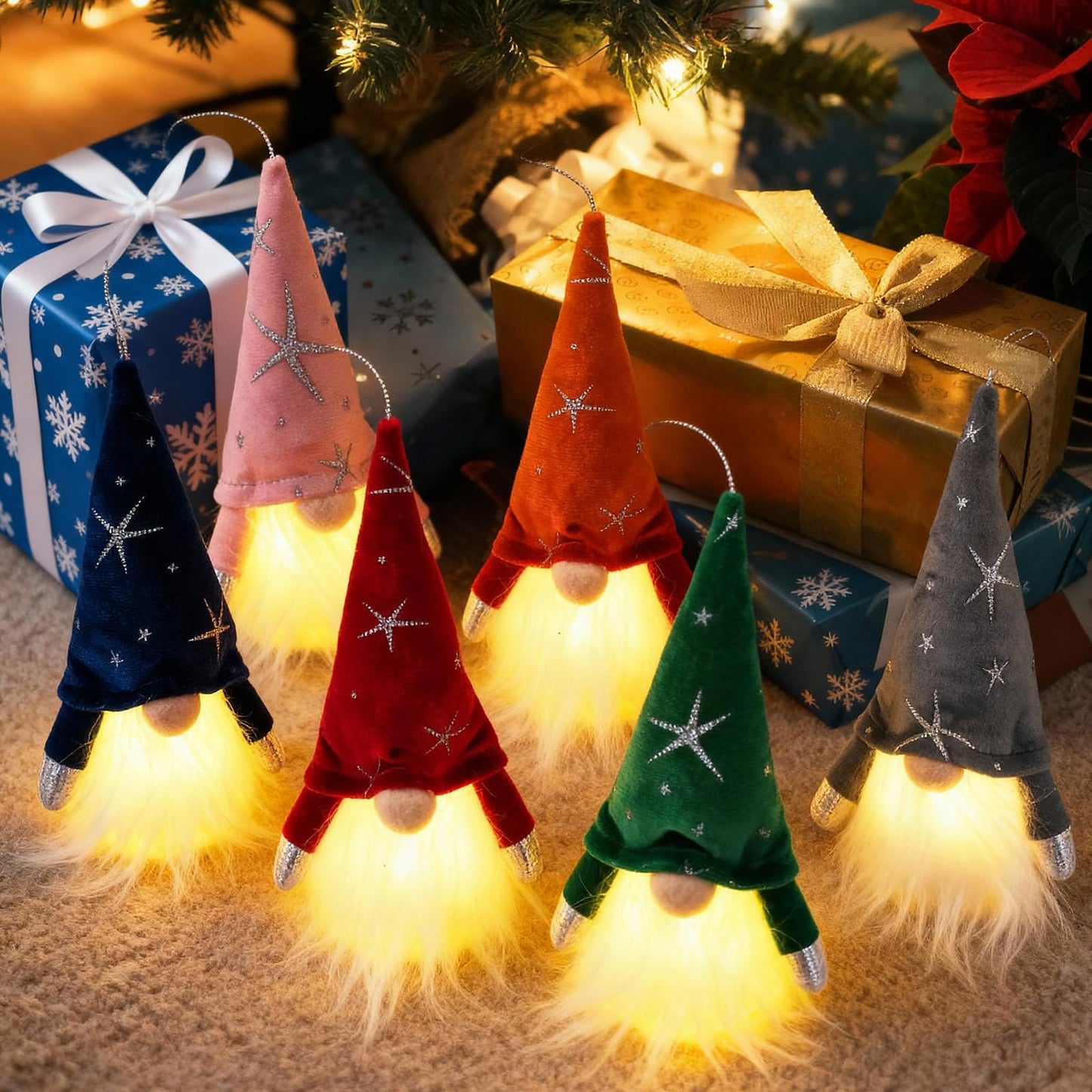 Etistta 6PCS Gnome Christmas Ornaments, 6.5 inch Velvet Christmas Tree Ornaments with Led Lights, Christmas Hanging Decorations