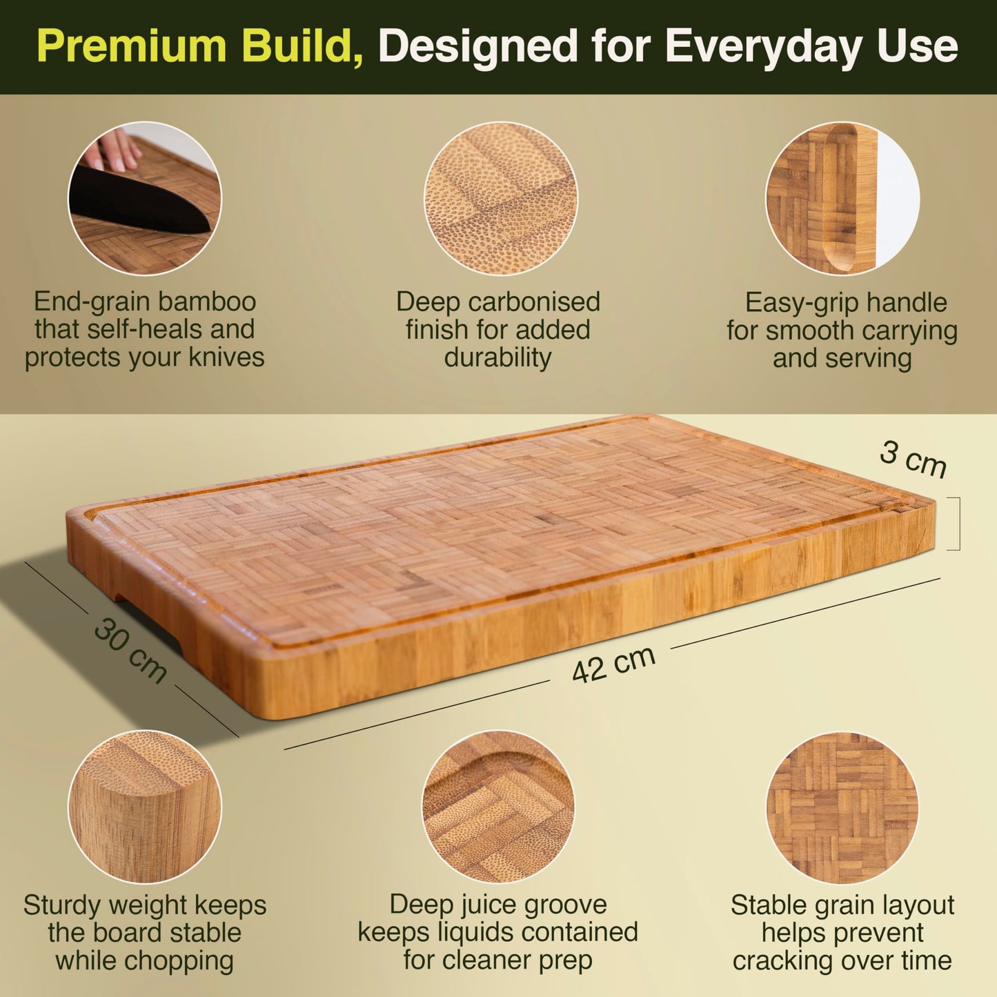Cactus & Cubby Premium Bamboo Cutting Board. Deluxe Deep Carbonised End Grain Wooden Cutting Board. 16.5" x 11.8". Pre-oiled Butcher Block for Prepping & Serving. Knife Friendly