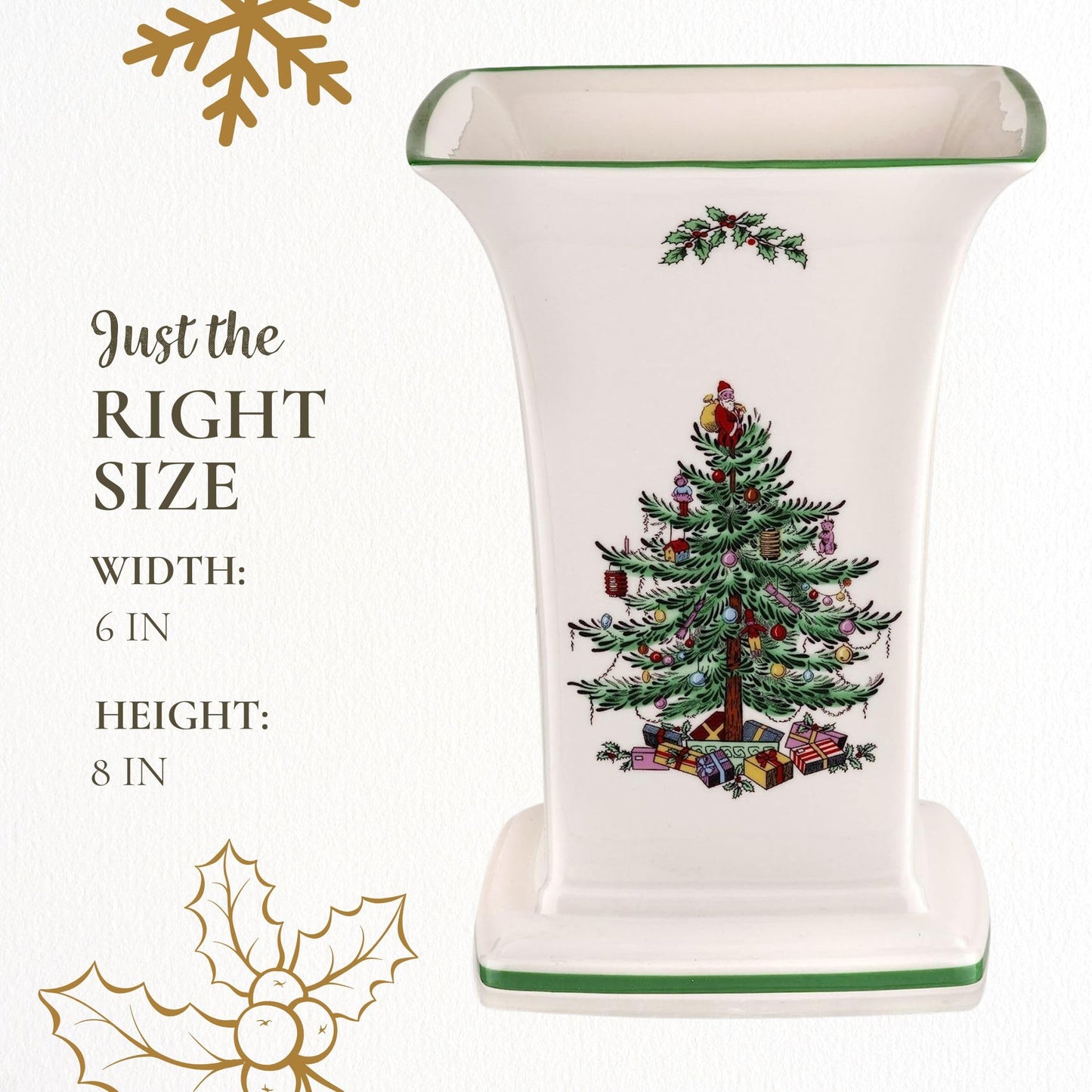 Spode Christmas Tree Square Vase, 8-Inch Festive Vase for Flowers & Holiday Decor - Fine Earthenware Centerpiece for Christmas Table, Mantle, Seasonal Floral Arrangements, Dishwasher Safe